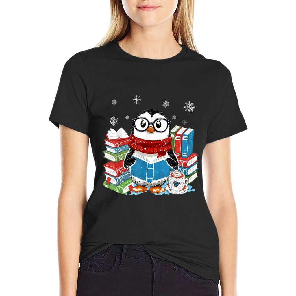 Christmas A Penguin Reading Book Snowflake Cocoa Hot Teacher  Rolled Sleeves T-Shirt