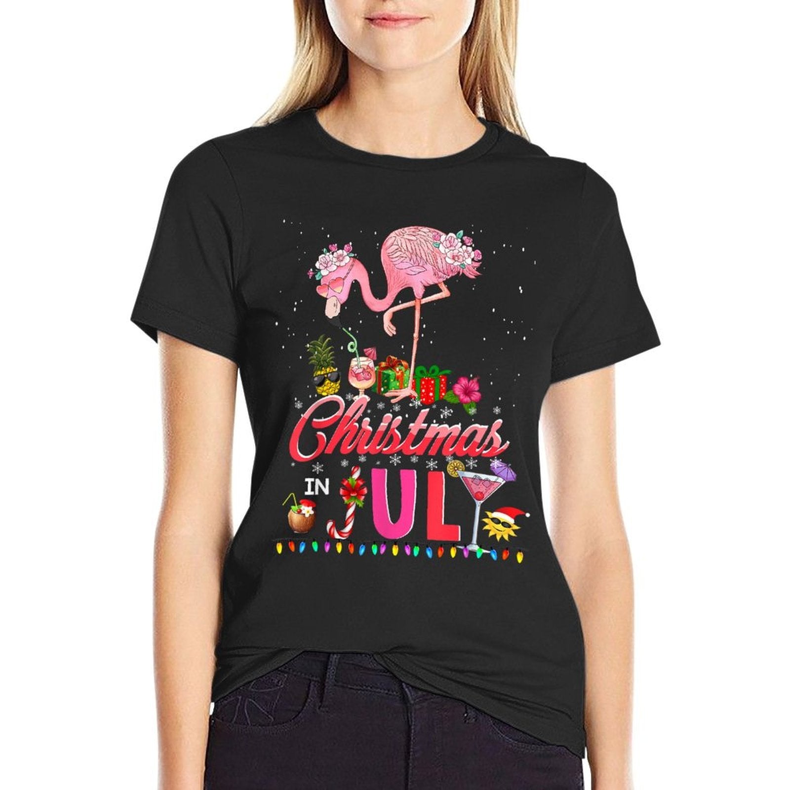Pink Flamingo in Santa Hat Christmas In Julys Girl Women  Tagless Design T-Shirt