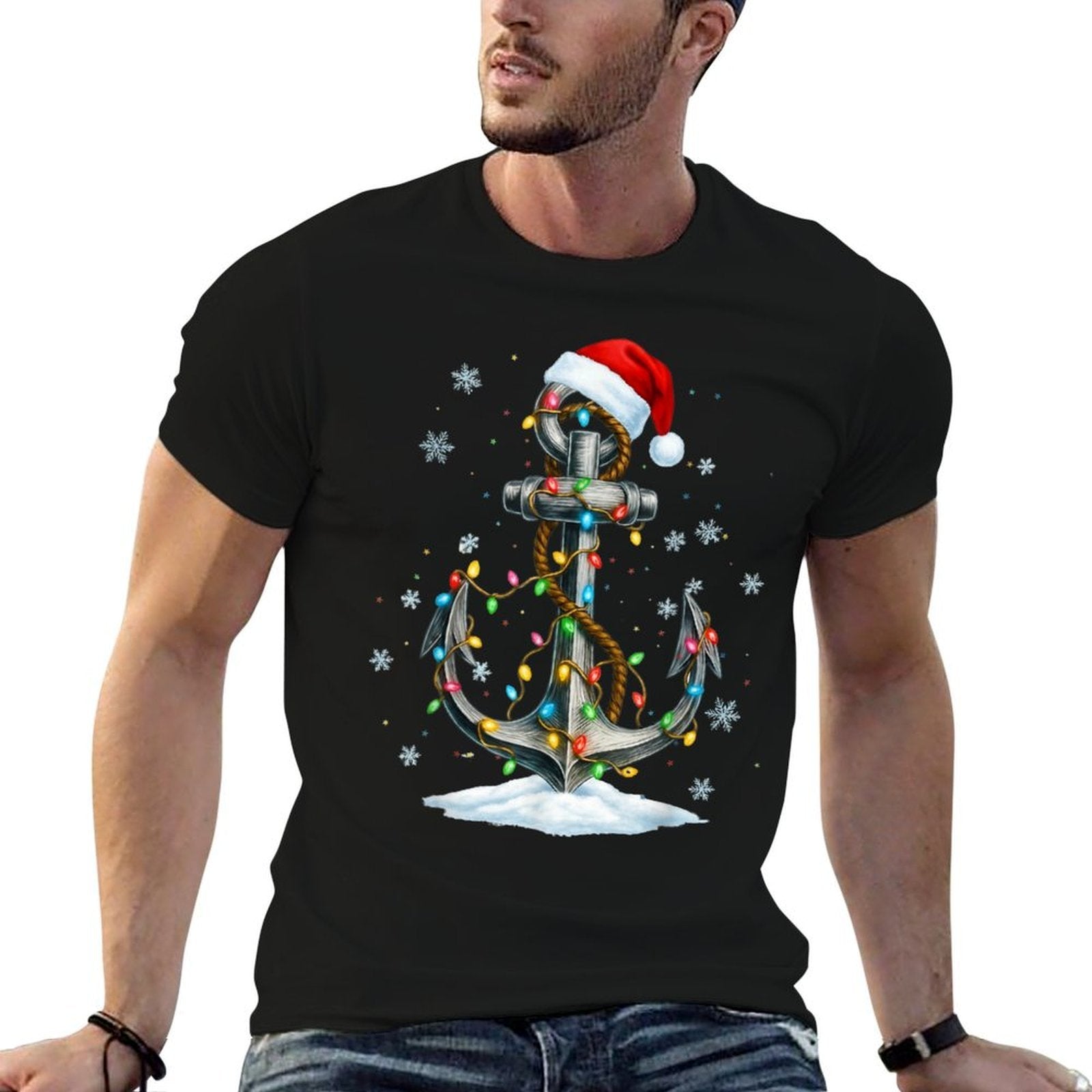 Nautical Anchor Christmas Lights Boating Sailor  Durable T-Shirt