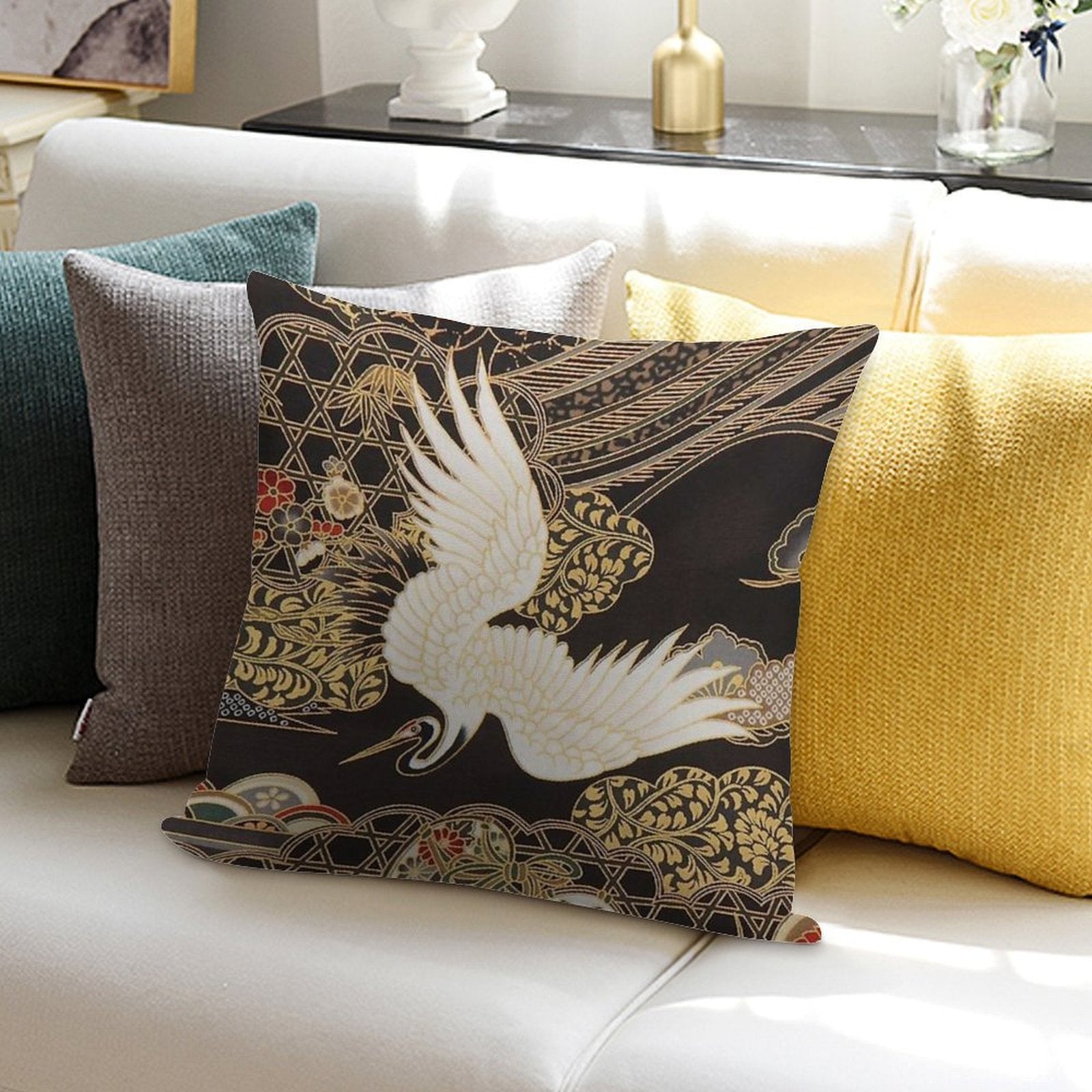 VintageJapanese Cranes Gold And Black Soft Home Decor Throw Pillow