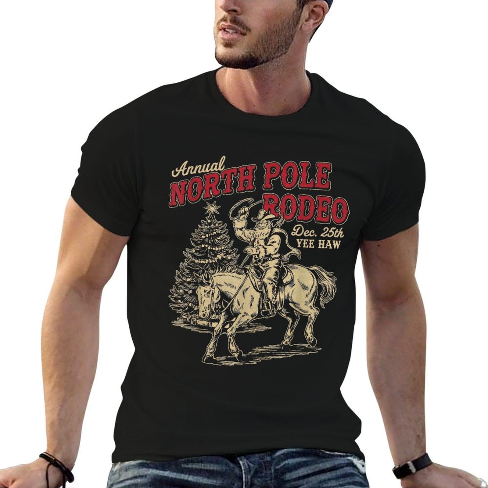 Vintage Annual North Pole Rodeo Santa Cowboy Christmas  Ribbed Collar T-Shirt