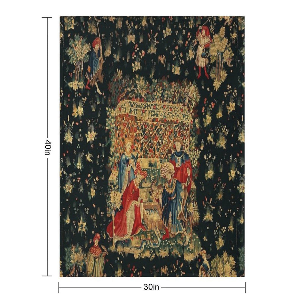 FALCONS BATH Red Blue Antique Medieval Tapestry,Court Figures,Birds, Flowers ,Rose Trellis Gift-ready Throw Blanket