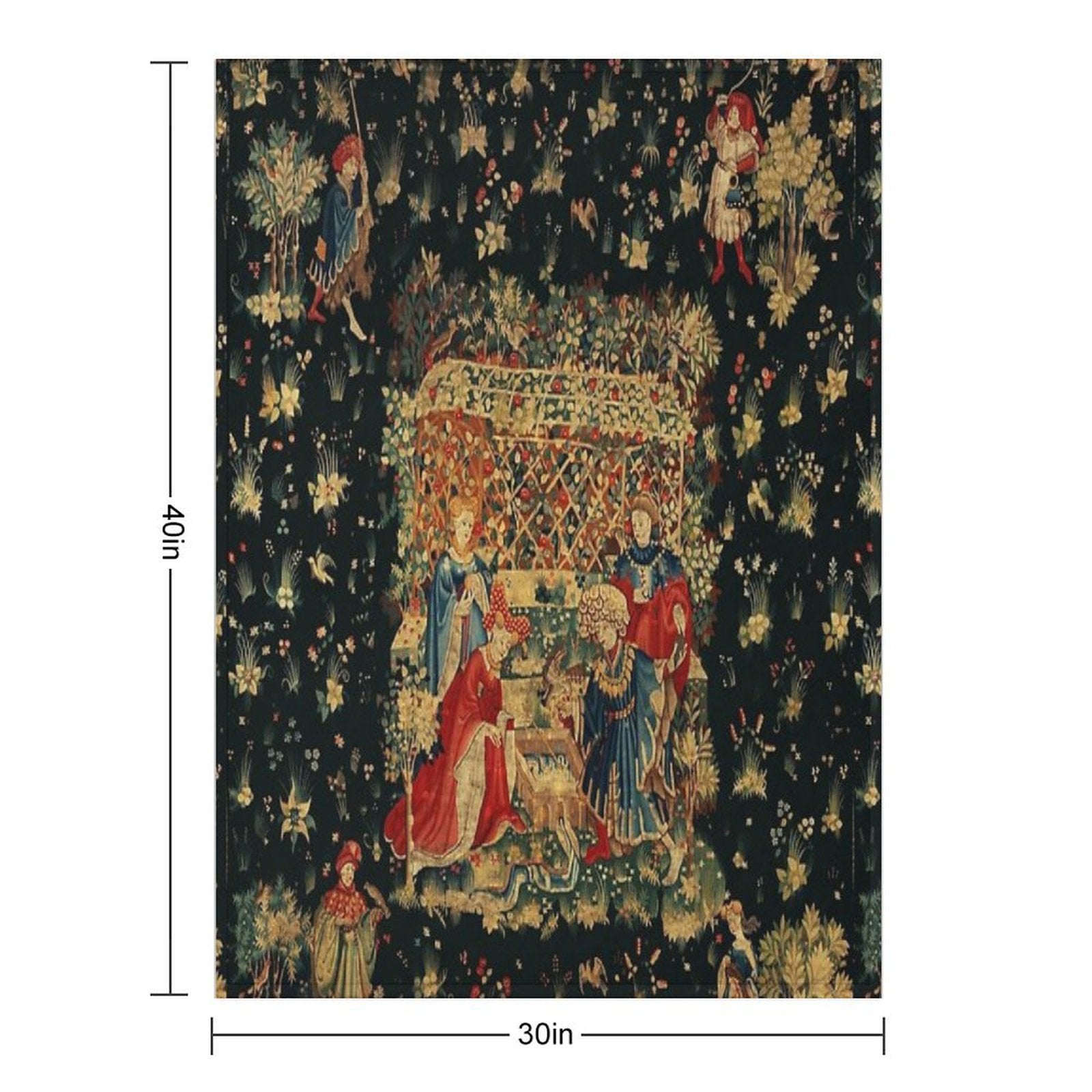 FALCONS BATH Red Blue Antique Medieval Tapestry,Court Figures,Birds, Flowers ,Rose Trellis Gift-ready Throw Blanket