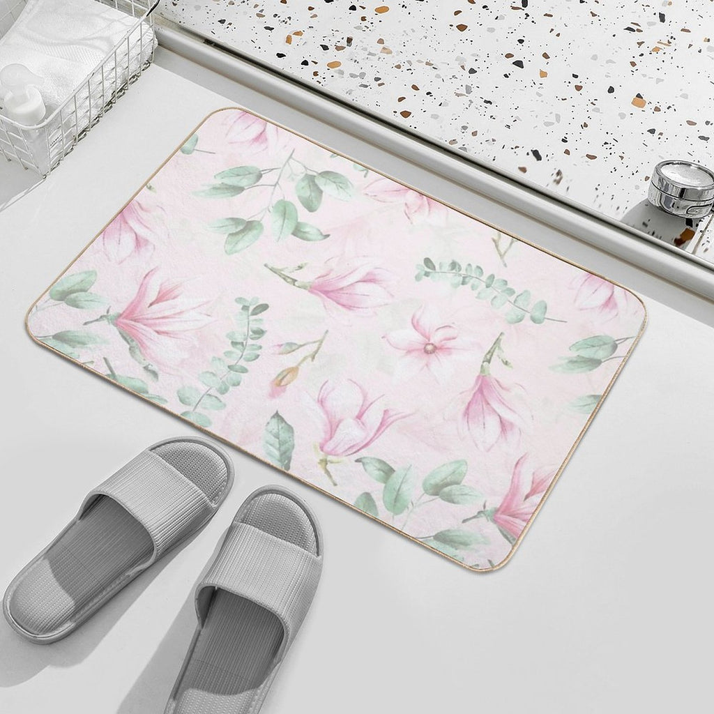 Soft Pink Hand Drawn Watercolor Magnolia Flowers Botanical Garden  Anti-Trip Bath Mat