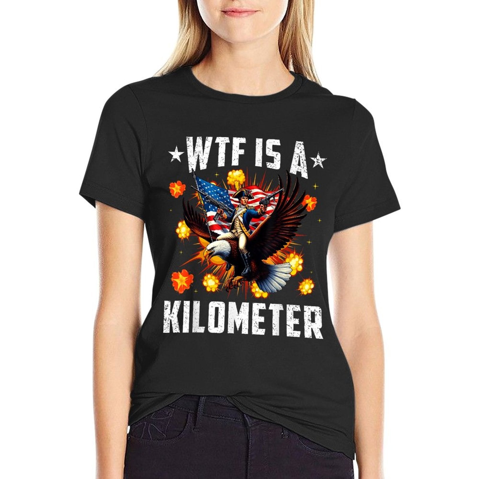 Retro WTF Is A Kilometer Funny Patriotic American Freedom  Slim-fit Cut T-Shirt