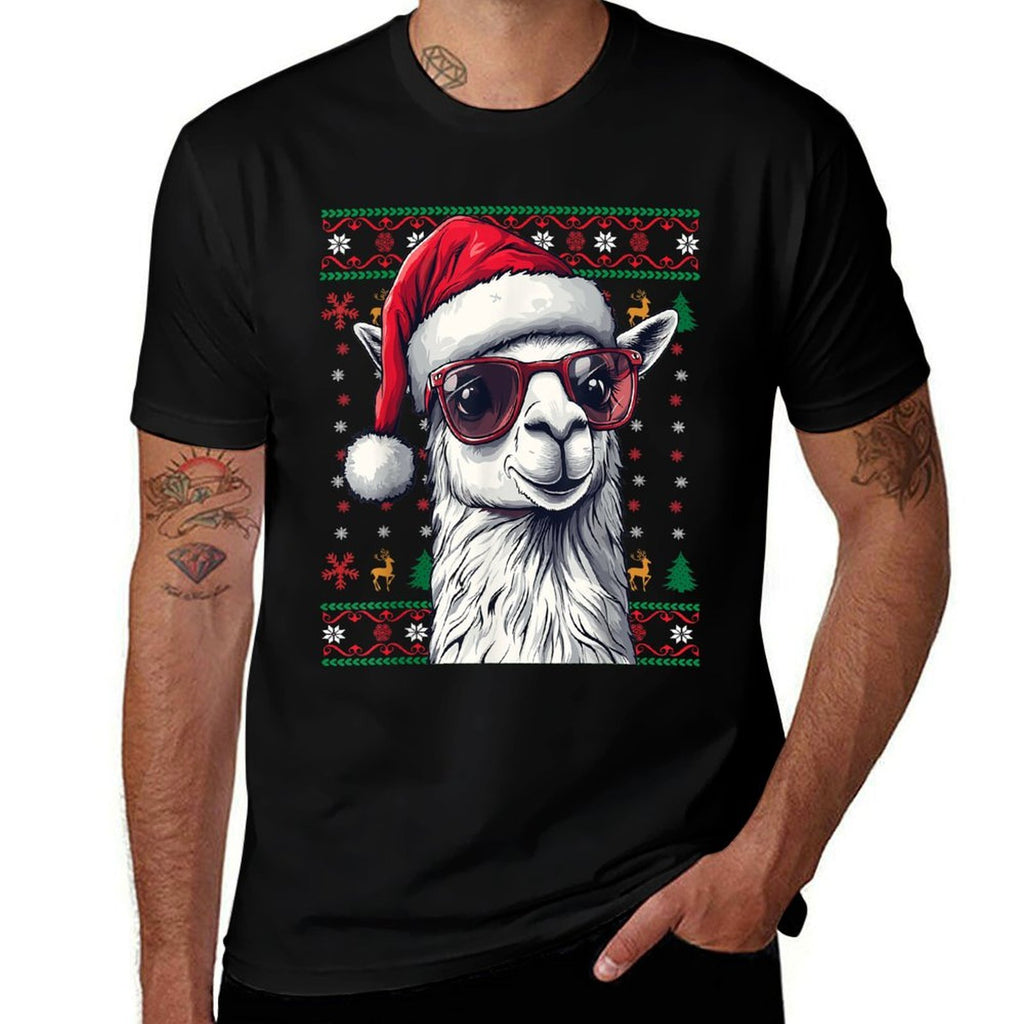 Llama Santa Hat Ugly Christmas Funny Holiday Llama Lover  Cotton T-Shirt