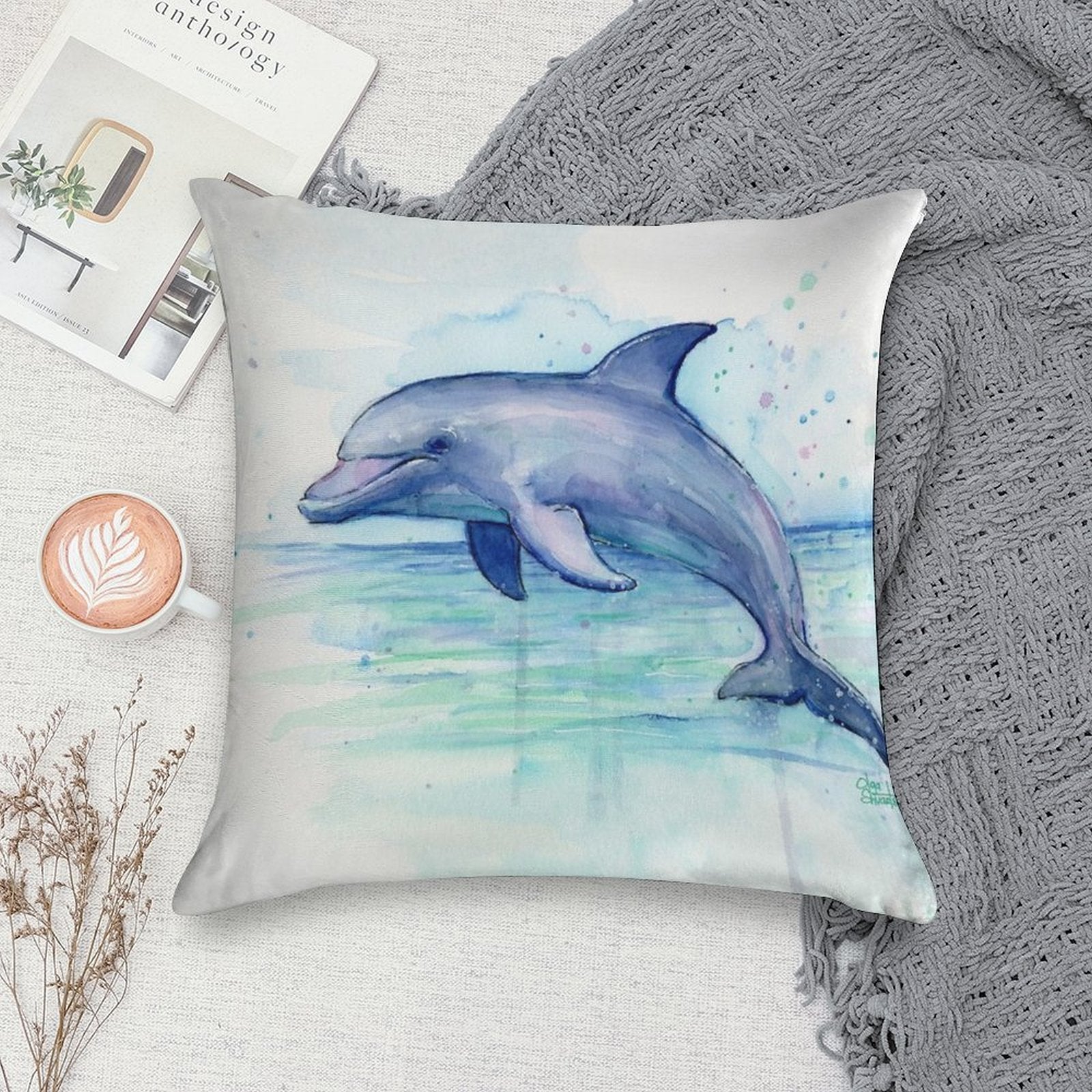 Dolphin Watercolor Soft Home Decor Throw Pillow