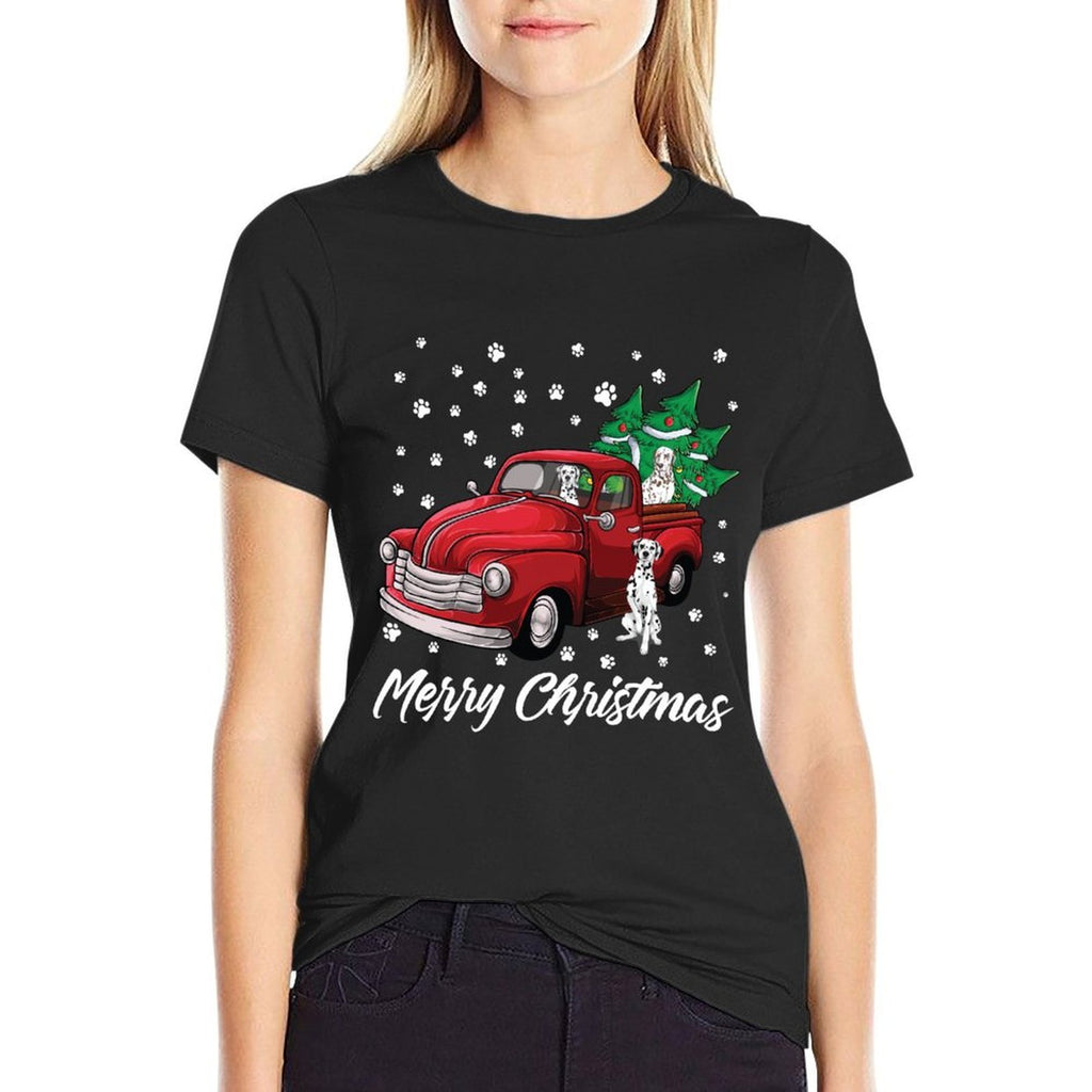 Red Truck Merry Christmas Tree Dalmatian Christmas  Slim-fit Cut T-Shirt