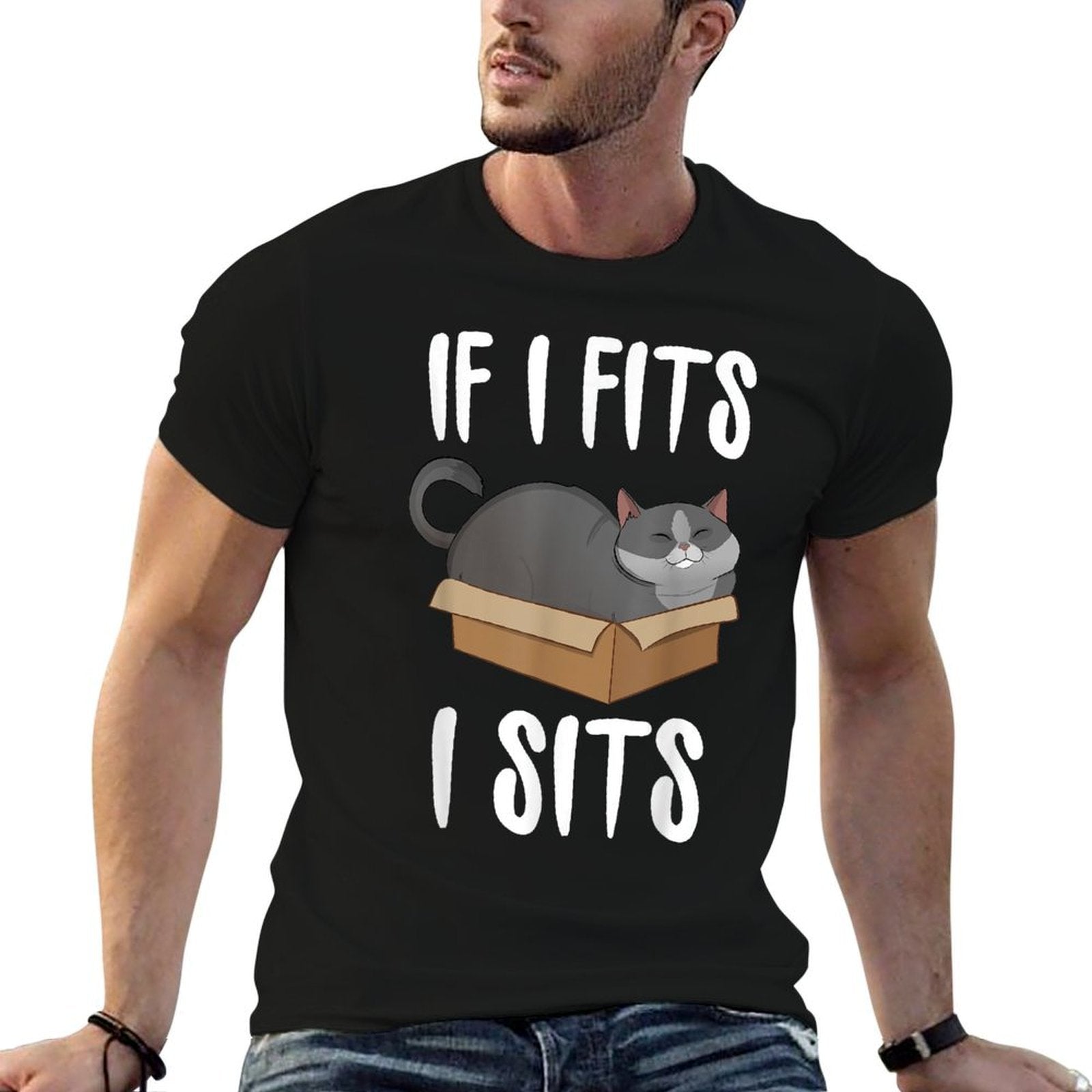 If I Fits I Sits Cat Meme Funny Cat In A Box T-shirt Men Women Girls Kids  Durable T-Shirt