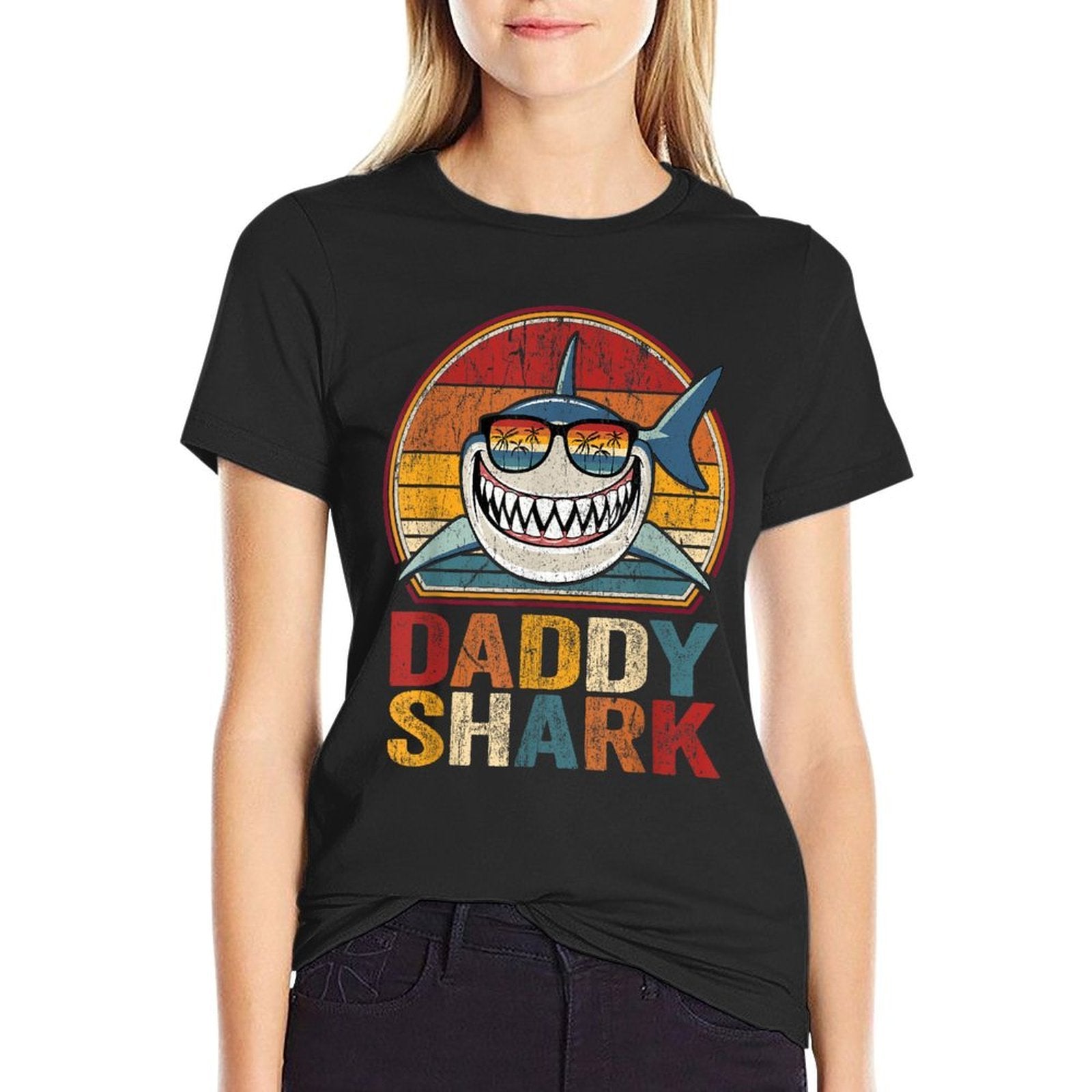 Daddy Shark Retro Shark Pajamas Gifts for Dad Dad  Ribbed Collar T-Shirt