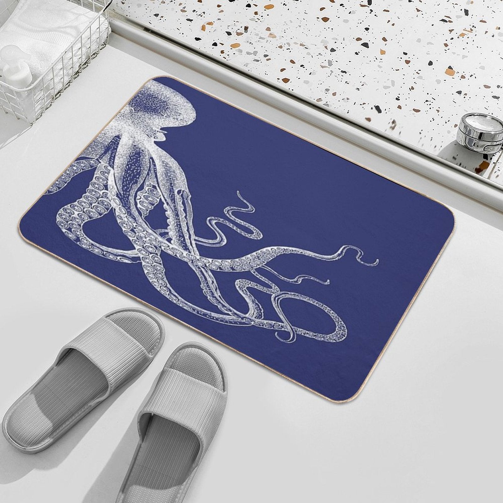 Half Octopus  Right Side  Vintage Octopus  Tentacles  Sea Creatures  Nautical  Ocean  Sea  Beach  Diptych  Navy Blue A  Odorless Bath Mat