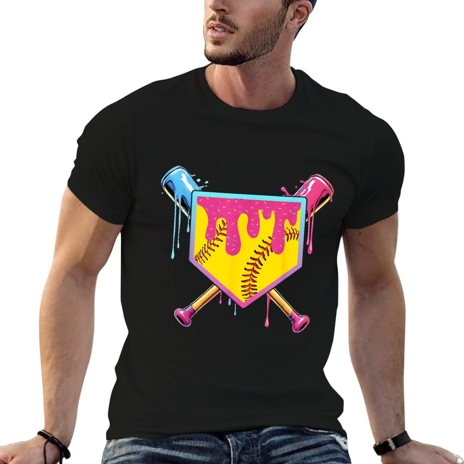 Softball Drip Girls Ice Cream Drip Home Plat Youth Game Day  Ribbed Collar T-Shirt