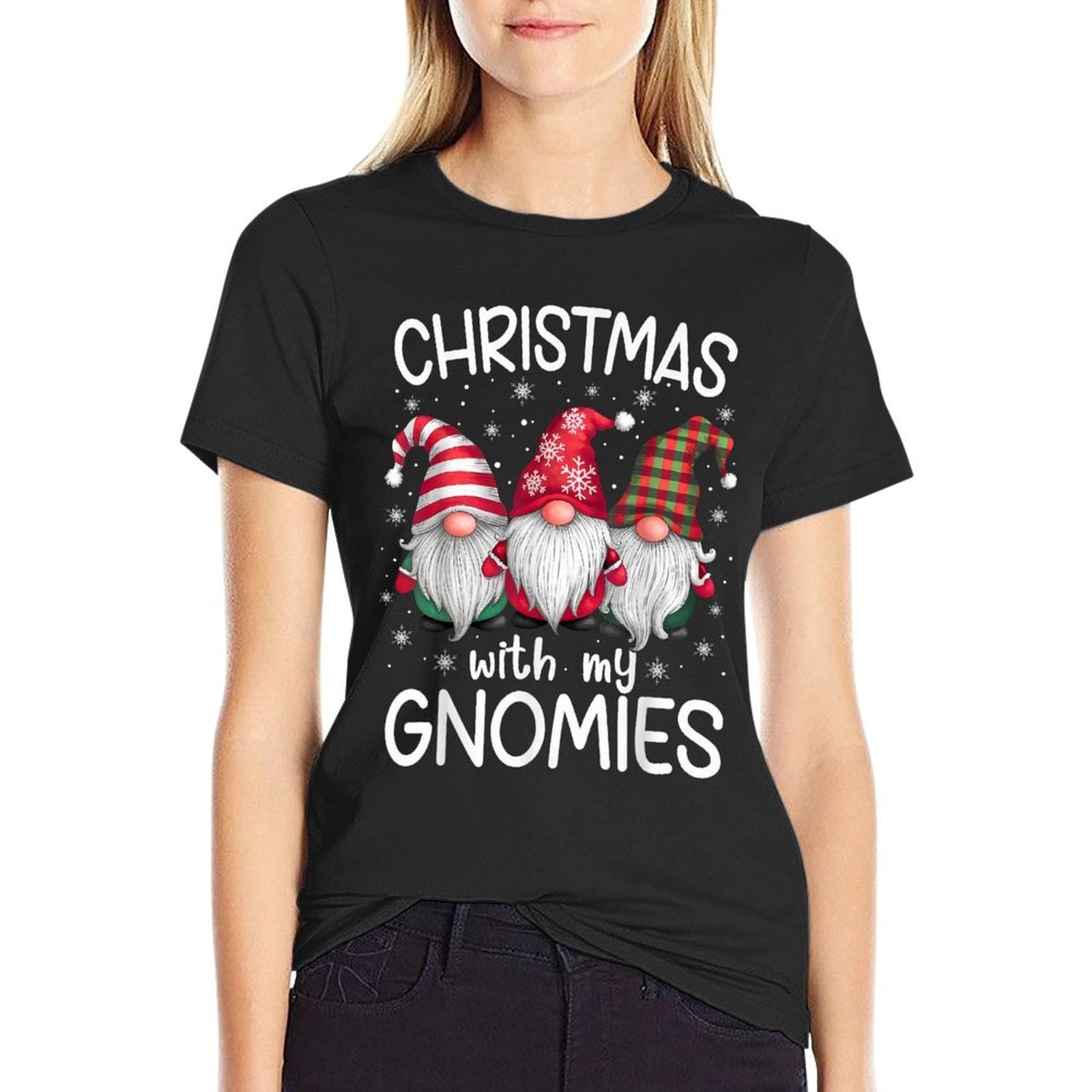 Gnome Family Christmas Men Women Kids Apparel Unisex-Adult Christmas Cartoon Gnome Winter Holiday Black Plaid, Stripe Small  Vintage-inspired T-Shirt