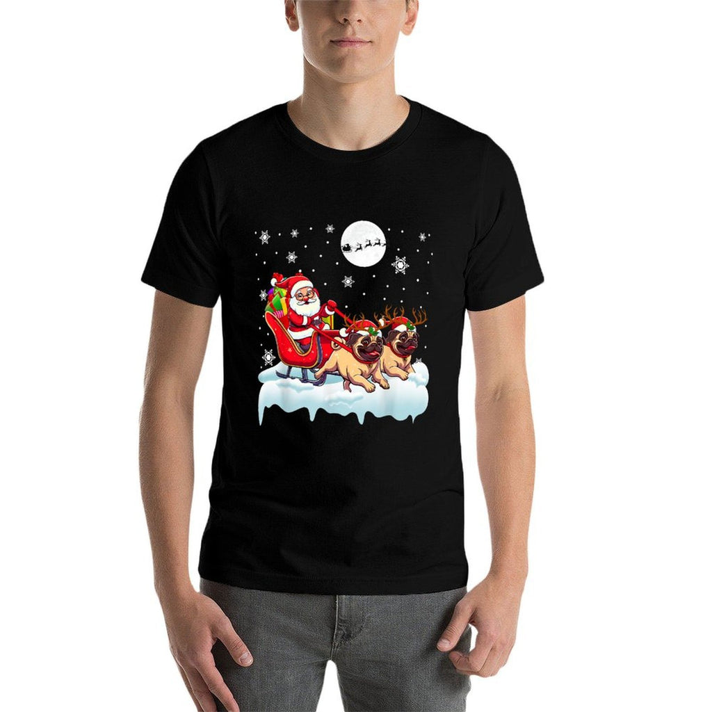 Santa Sleigh Reindeer Pugs Christmas Matching Owner  Heathered Texture T-Shirt