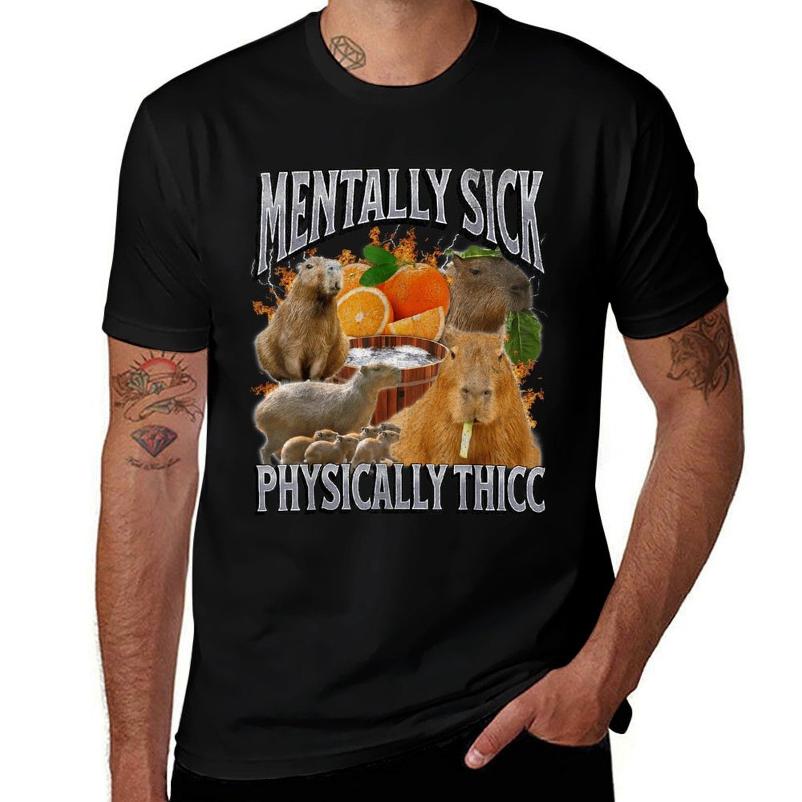 Physically Thicc Funny Capybara Meme Bootleg Y2K Graphic  Fade-proof Color T-Shirt