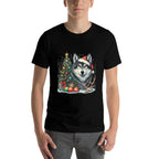 Cute Wolf With Christmas Tree Wearing Santa Hat  Easy-care T-Shirt