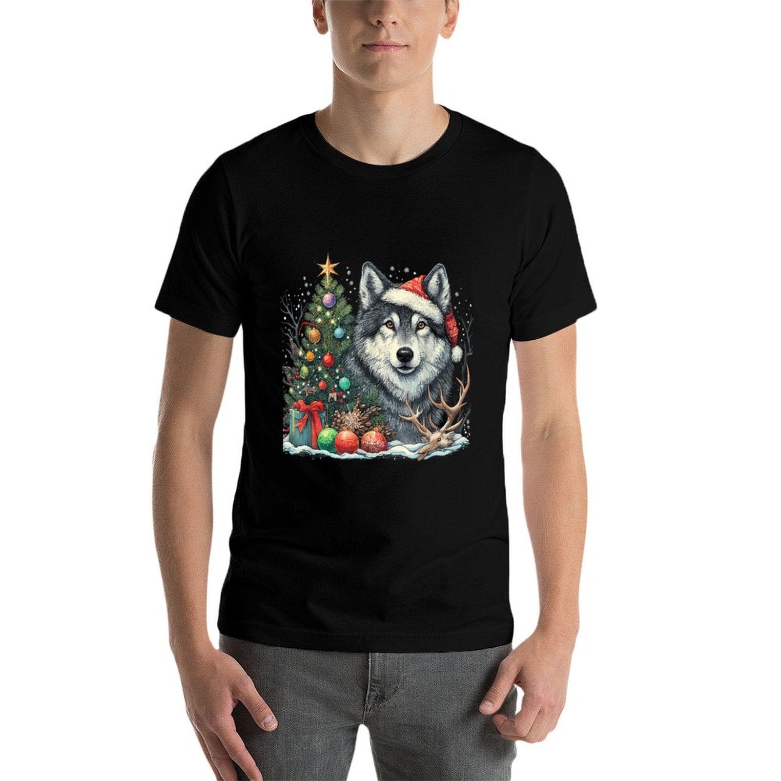 Cute Wolf With Christmas Tree Wearing Santa Hat  Easy-care T-Shirt