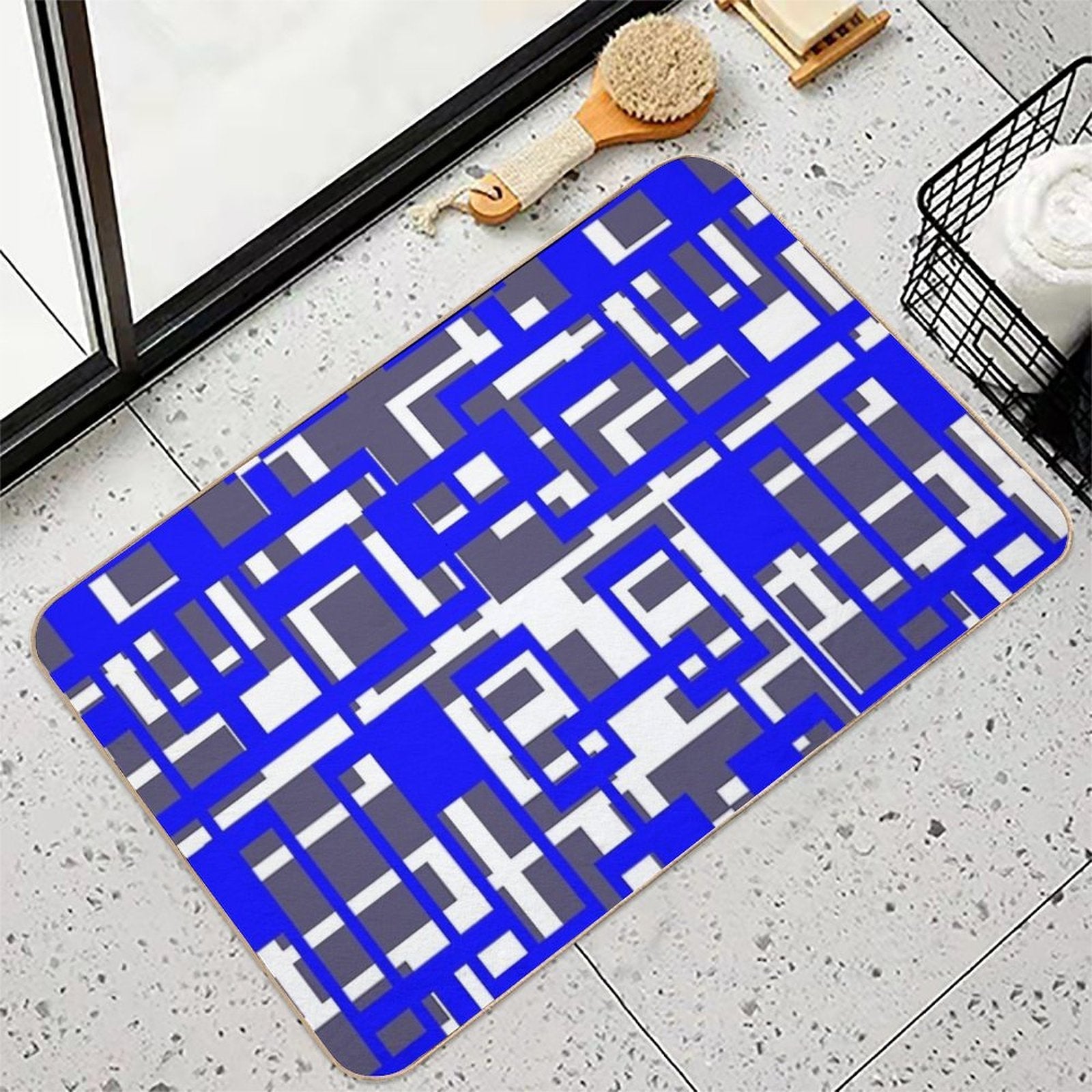 Geometric Shapes Pattern Blue White Cut Out  Absorbent Bath Mat