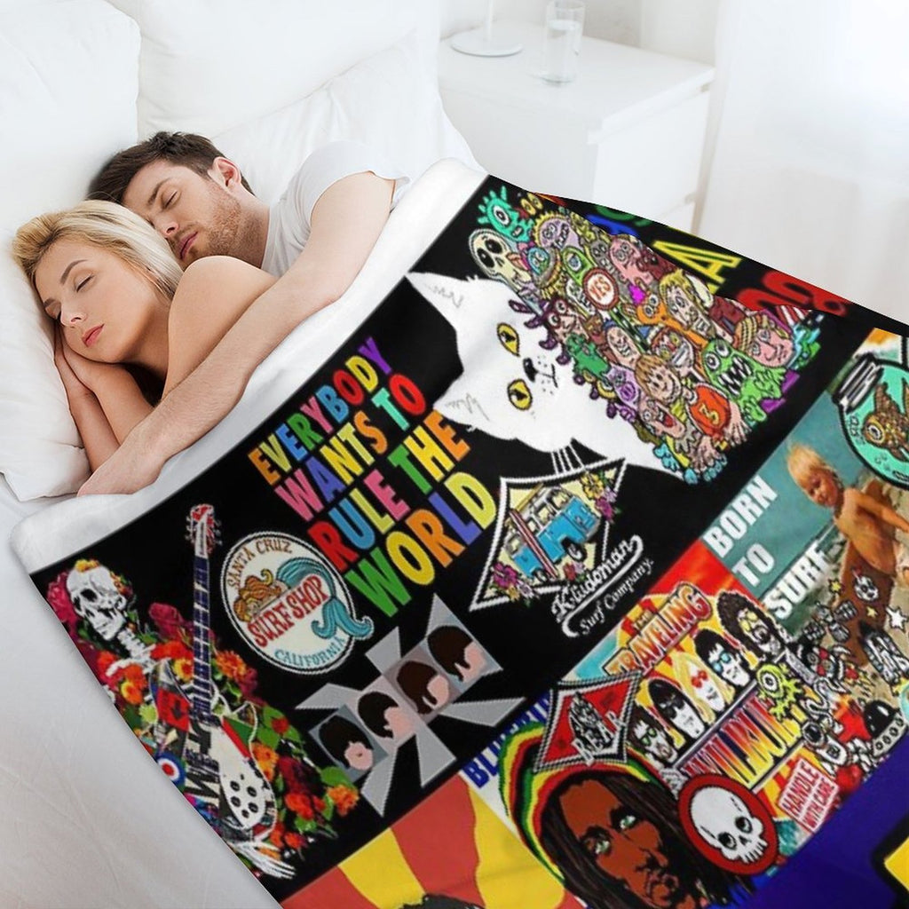 Surf, Rock, Guitar, Skull, Monsters, Lyrics, Faces, Funny Cartoons, Cats, Colourful Pop Art Collage of Art by Kludoman Quick-dry Throw Blanket