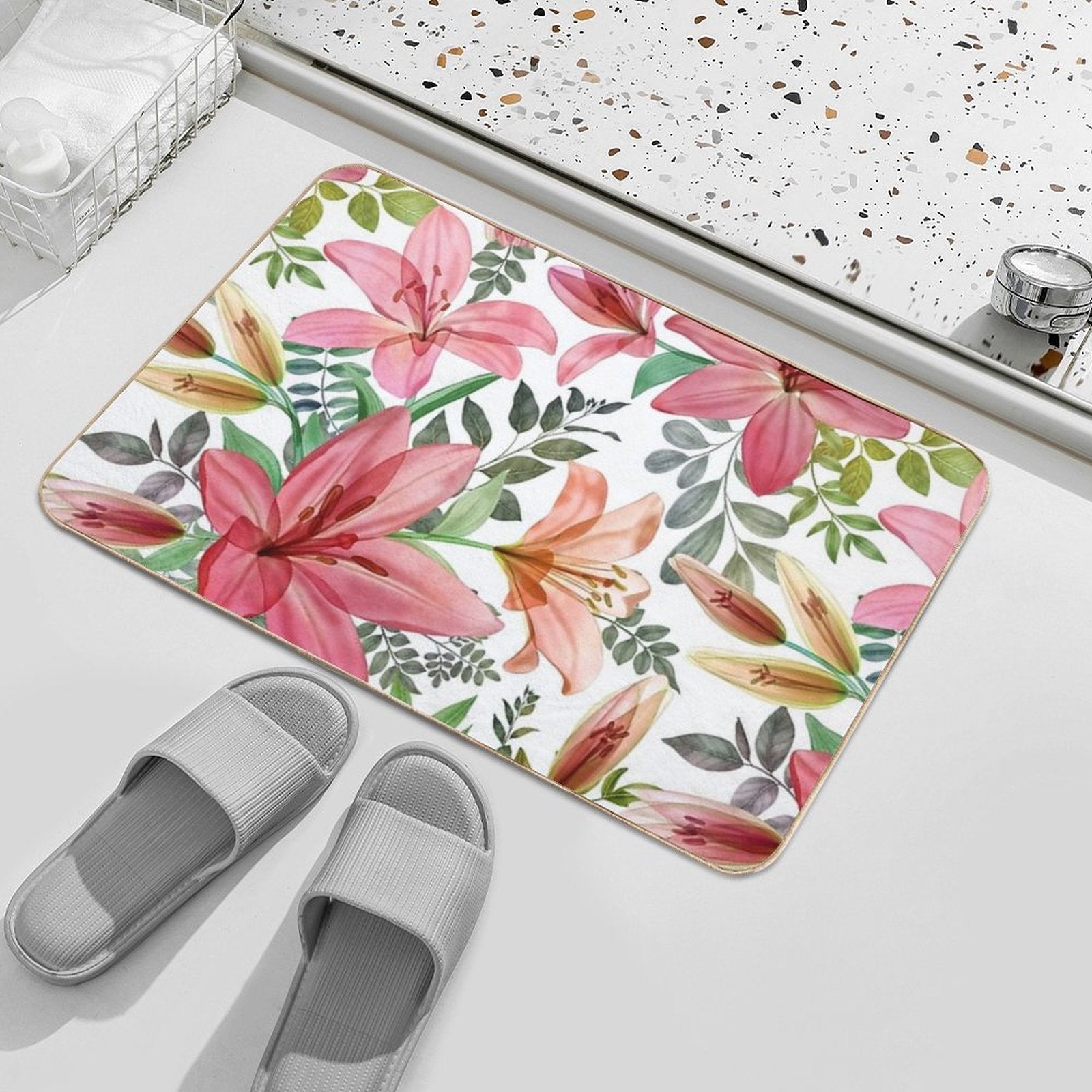 Transparent Lilly Flowers And Leaves Watercolor Seamless Pattern. Translucent Summer Tropical Bouquets. Spring Blossom Garden  Dirt-Trapping Bath Mat