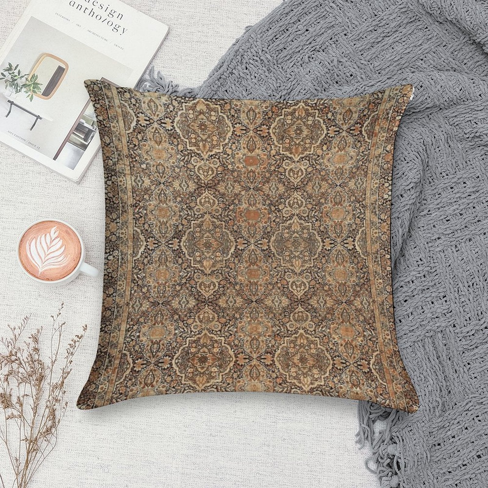 Antique Persian Kirman Rug Print Soft Durable Construction Throw Pillow