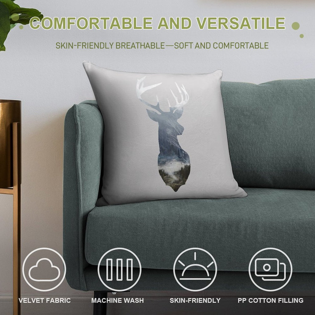 Deer Silhouette in Misty Forest Wild River Scene Soft Washable Throw Pillow