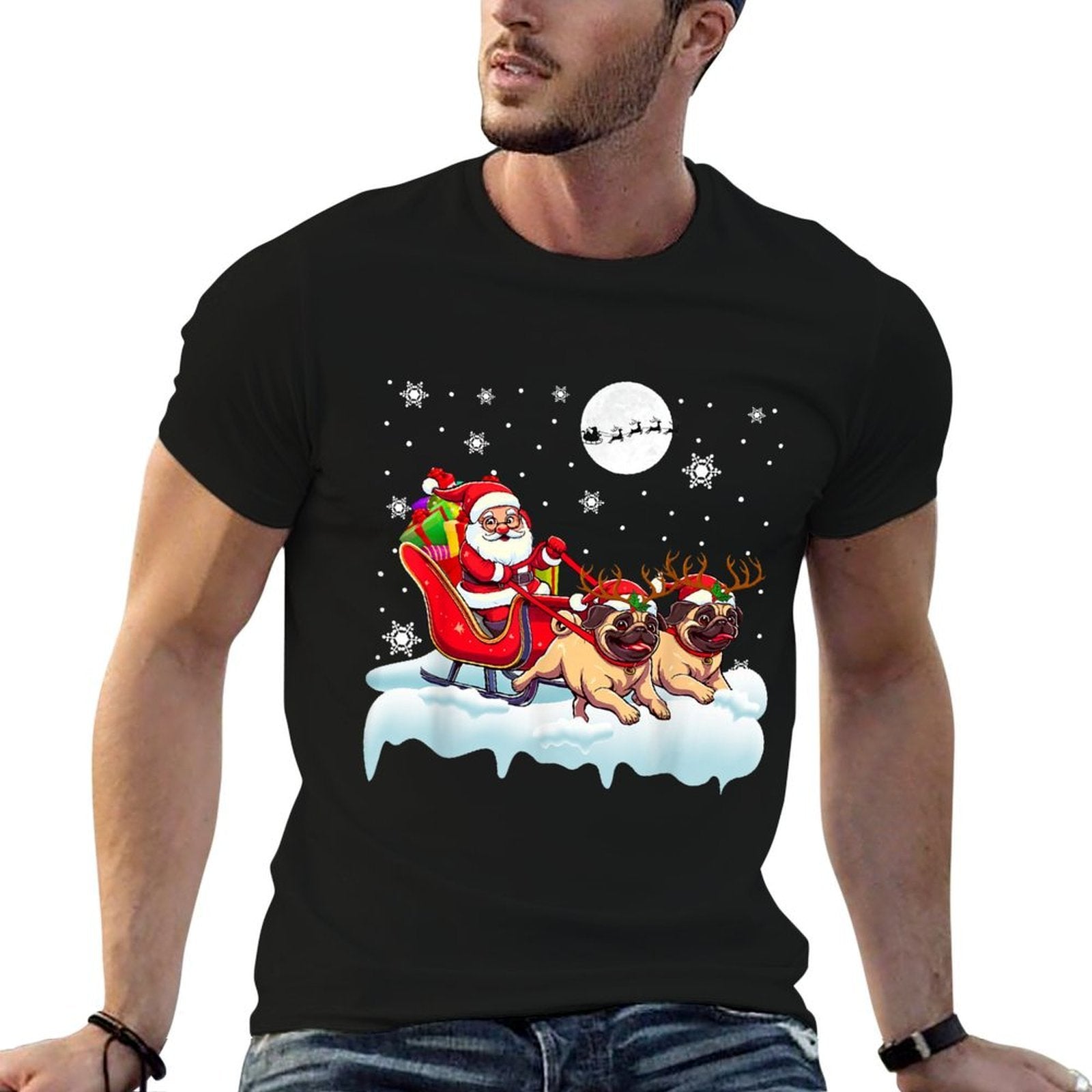 Santa Sleigh Reindeer Pugs Christmas Matching Owner  Heathered Texture T-Shirt