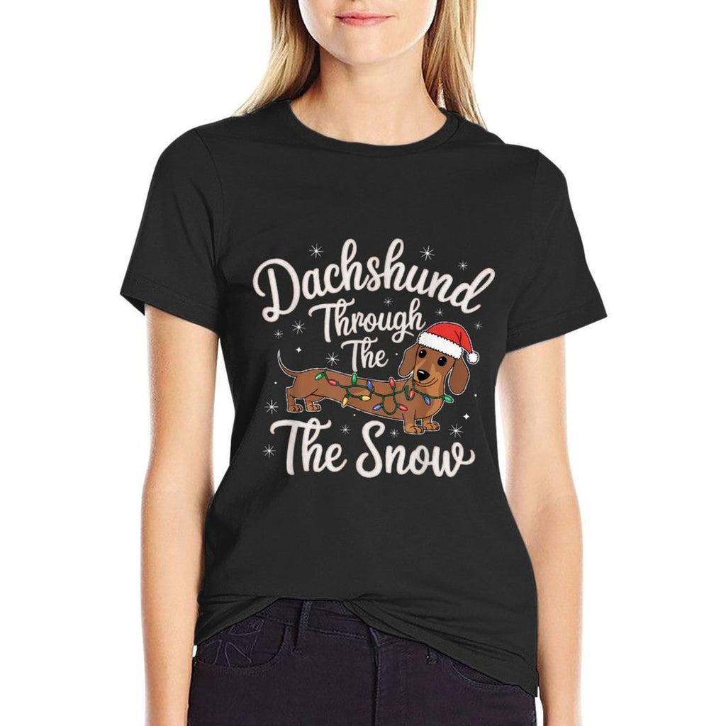 Holiday Dachshund Decor Dachshund Through The Snow Christmas Decor for Dog Lovers Unisex-Adults  Kids Black Small  Oversized Silhouette T-Shirt