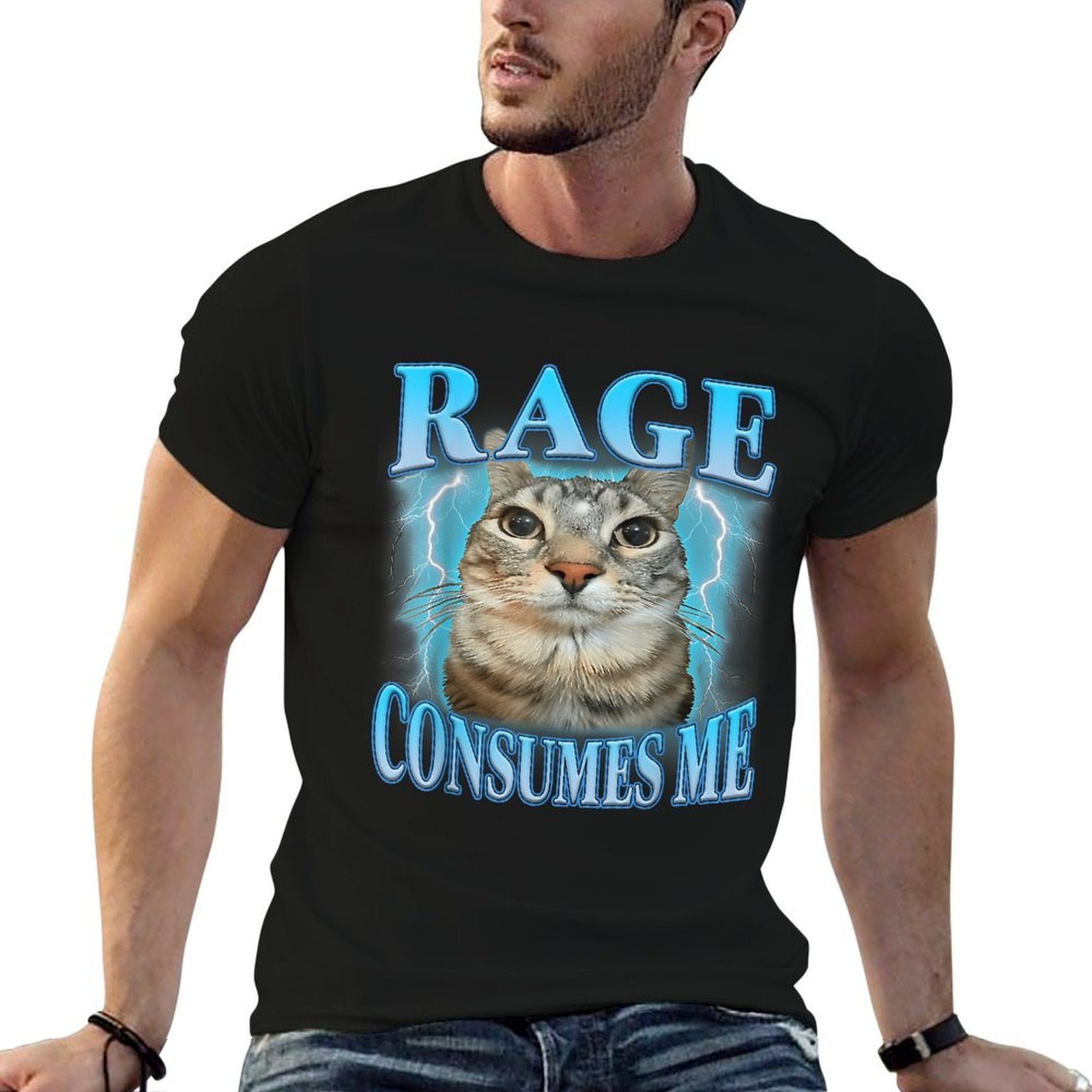 Rage Consumes Me Funny Silly Staring Cat Meme Women Men  High-quality Stitching T-Shirt