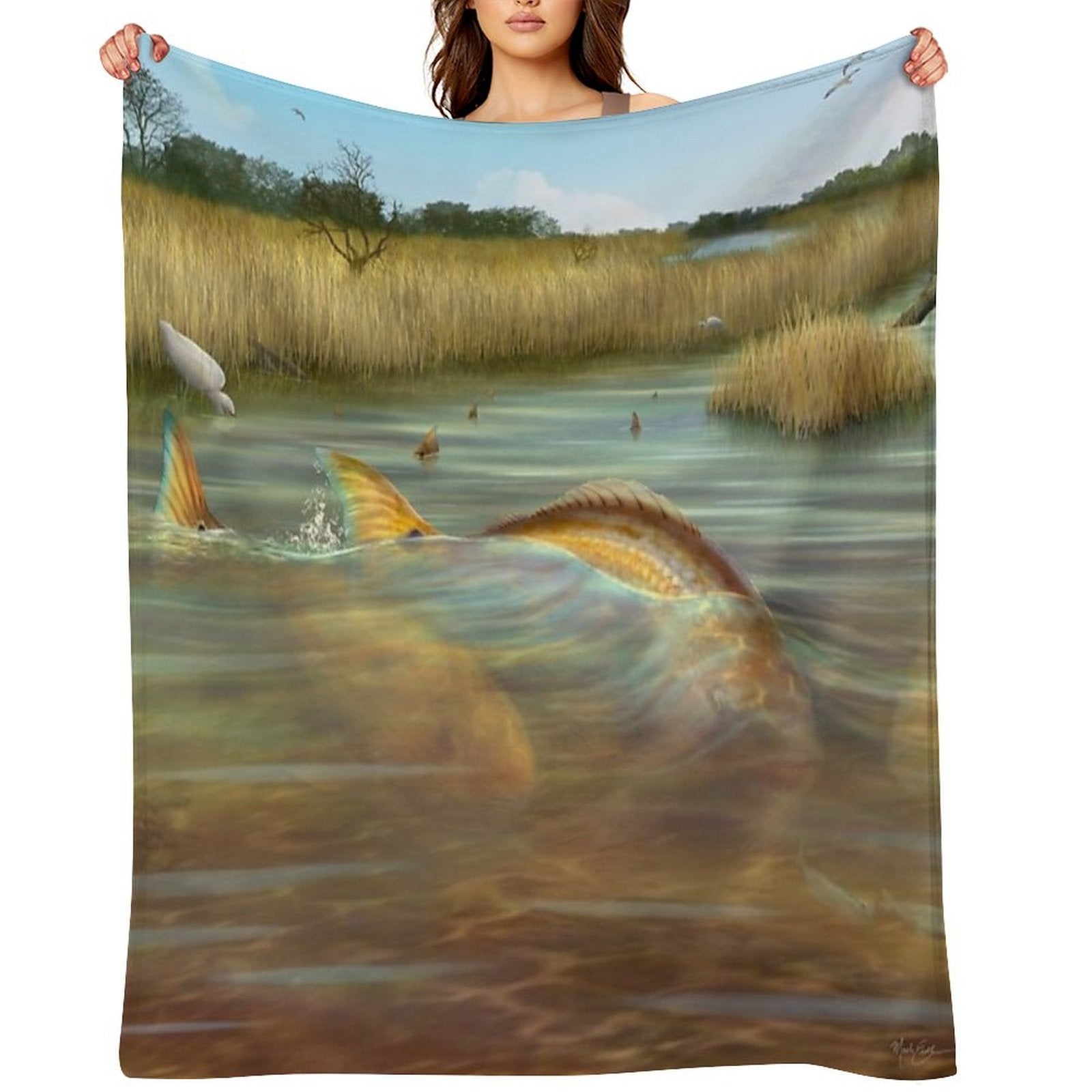 Redfish in The Salt Marsh Shrink-resistant Throw Blanket