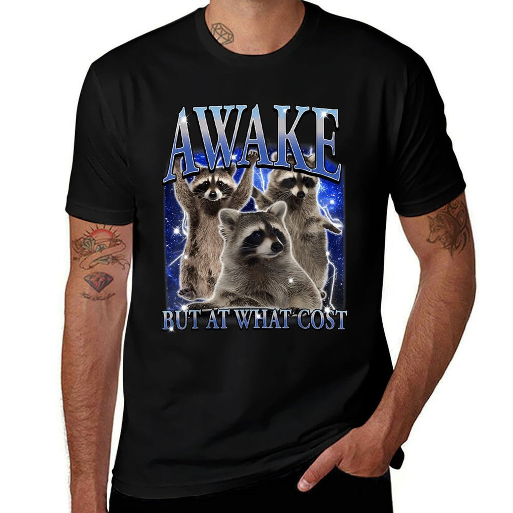 Awake But At What Cost Retro Raccoon Meme Sarcastic Sayings  Relaxed-fit T-Shirt