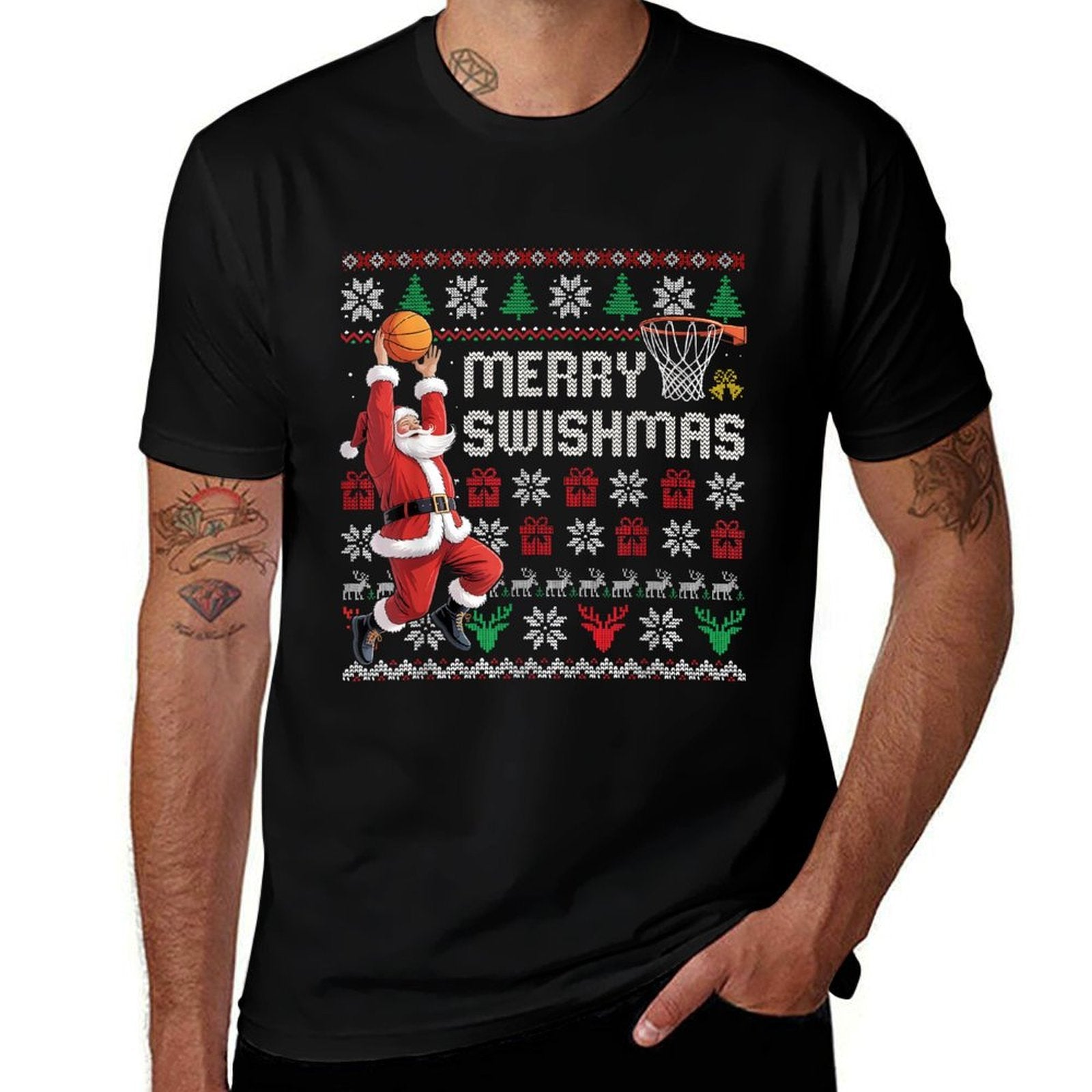 Merry Swishmas Basketball Ugly Christmas Sweater Men Boys  Slim-fit Cut T-Shirt