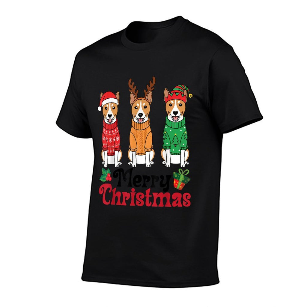 Basenji Dogs in Sweaters Santa Reindeer Elf Merry Christmas  Trendy Pattern T-Shirt