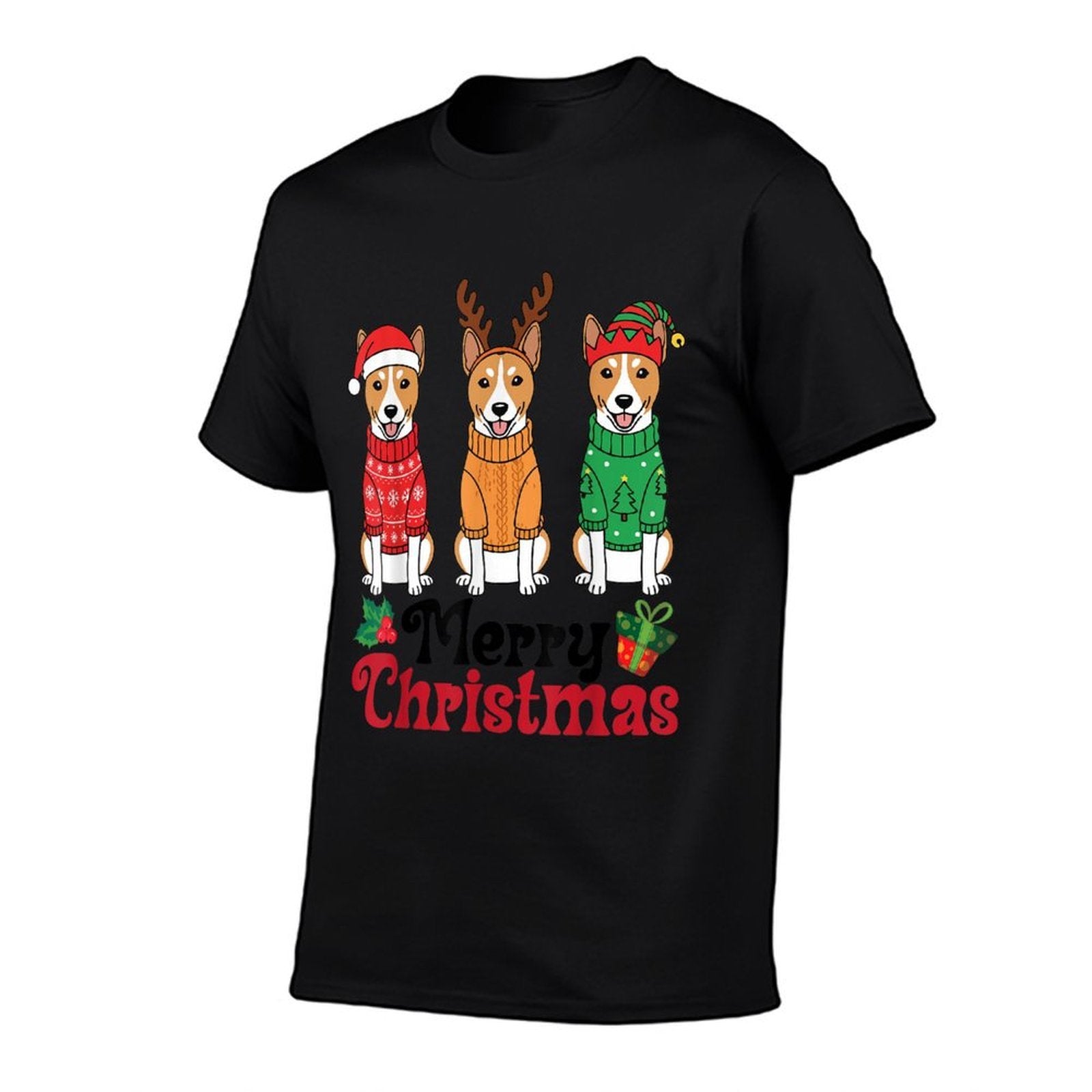 Basenji Dogs in Sweaters Santa Reindeer Elf Merry Christmas  Trendy Pattern T-Shirt