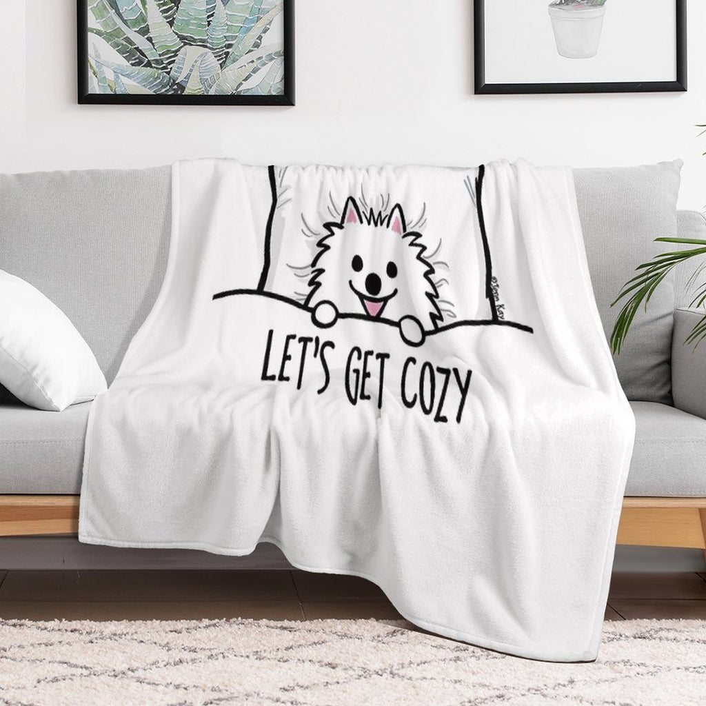 White Pomeranian Tucked Into Bed Cute Pom Cartoon Dog Durable Throw Blanket