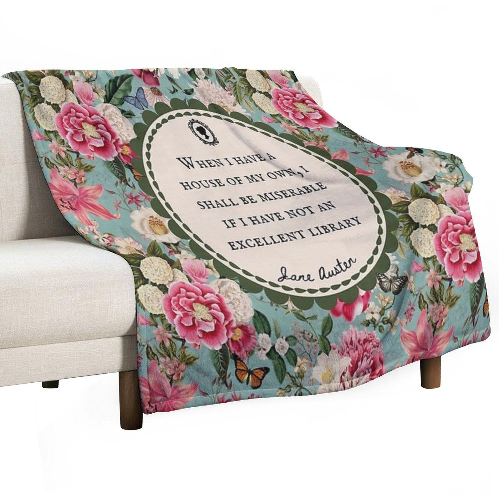Jane Austen Library Quote, Literary, Bookish, Book Lover, Vintage Floral Flowers Multi-functional Throw Blanket