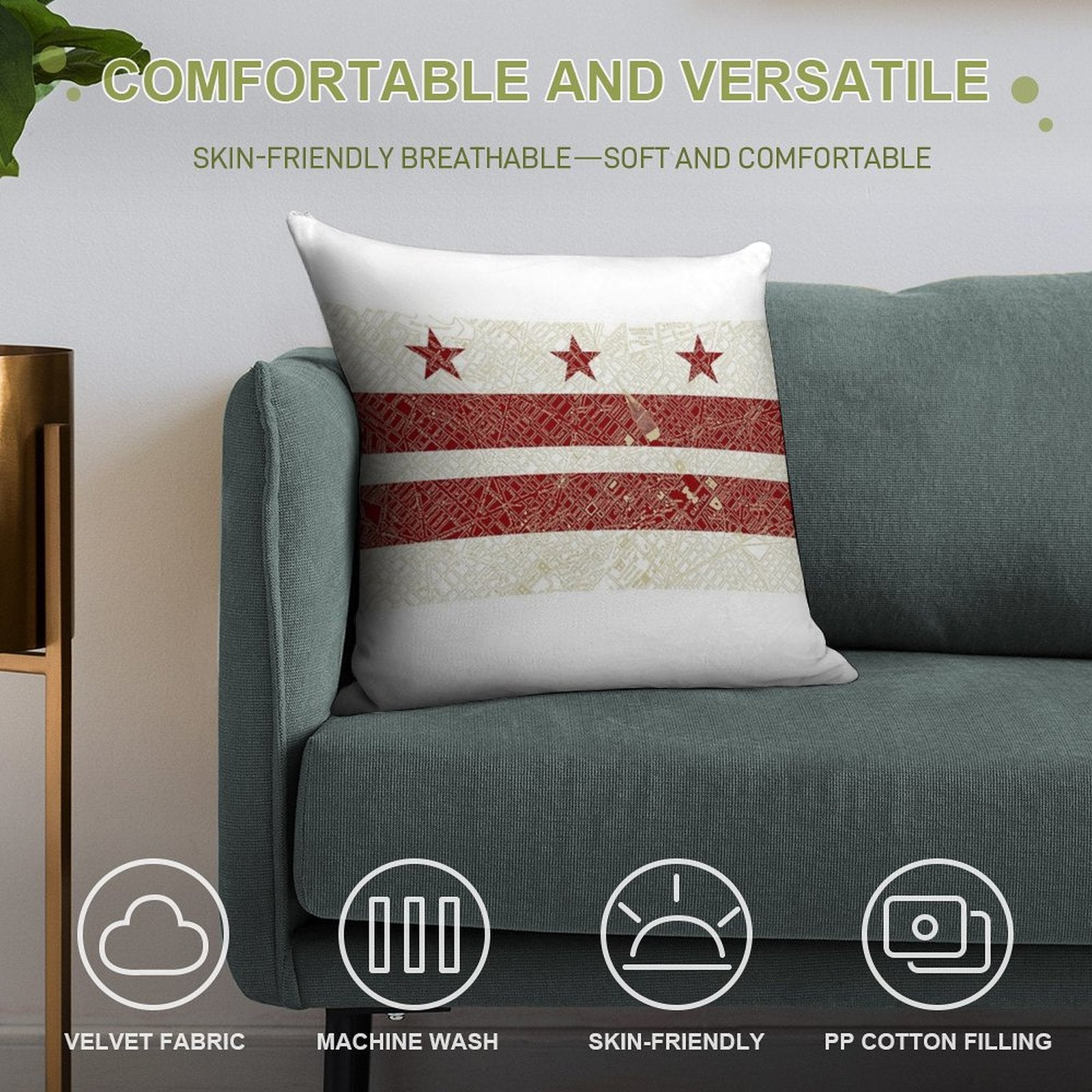 Washington DC Flag W Vintage Map Soft Durable Construction Throw Pillow