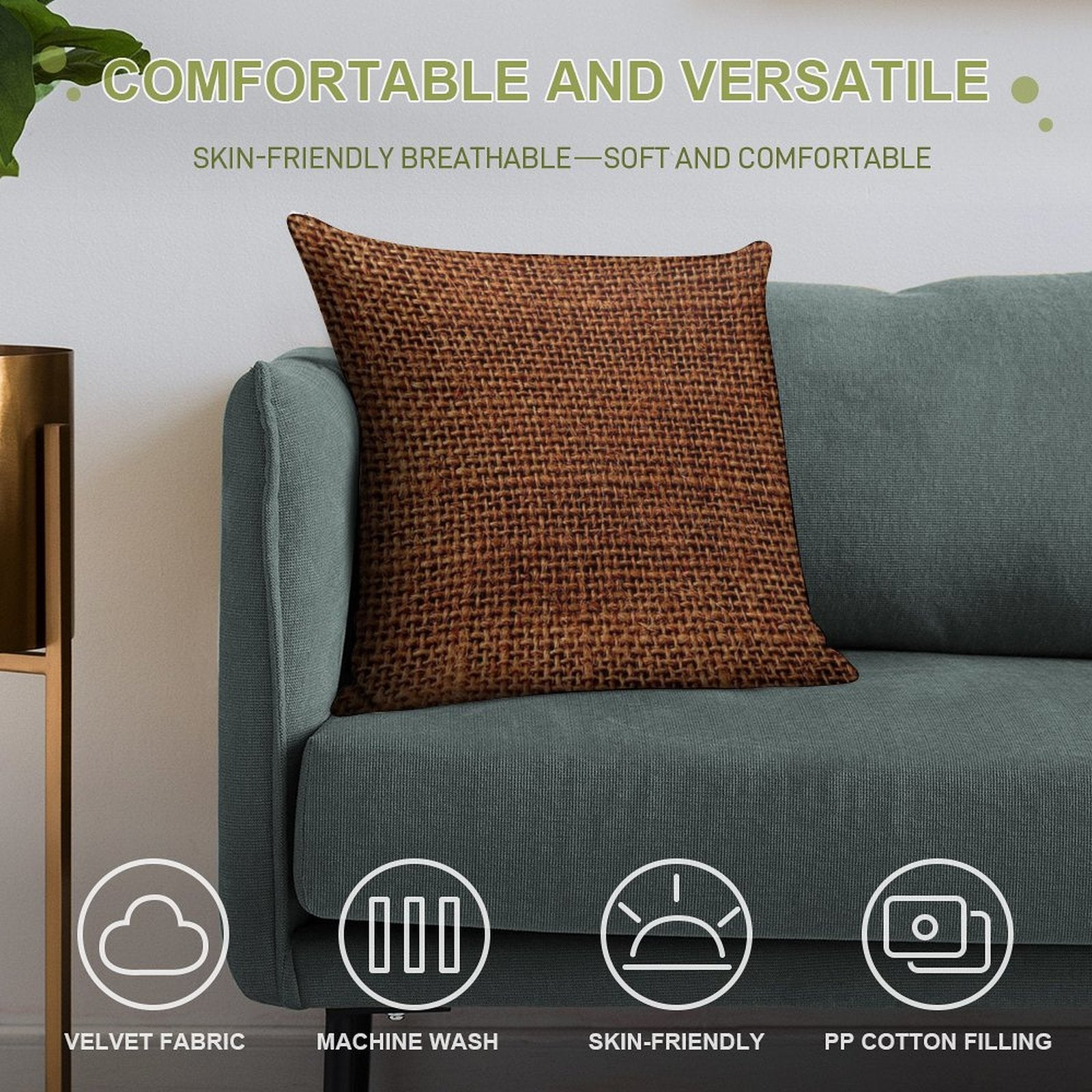 Golden Brown Jute Burlap Sack Soft Shrink-Resistant Throw Pillow