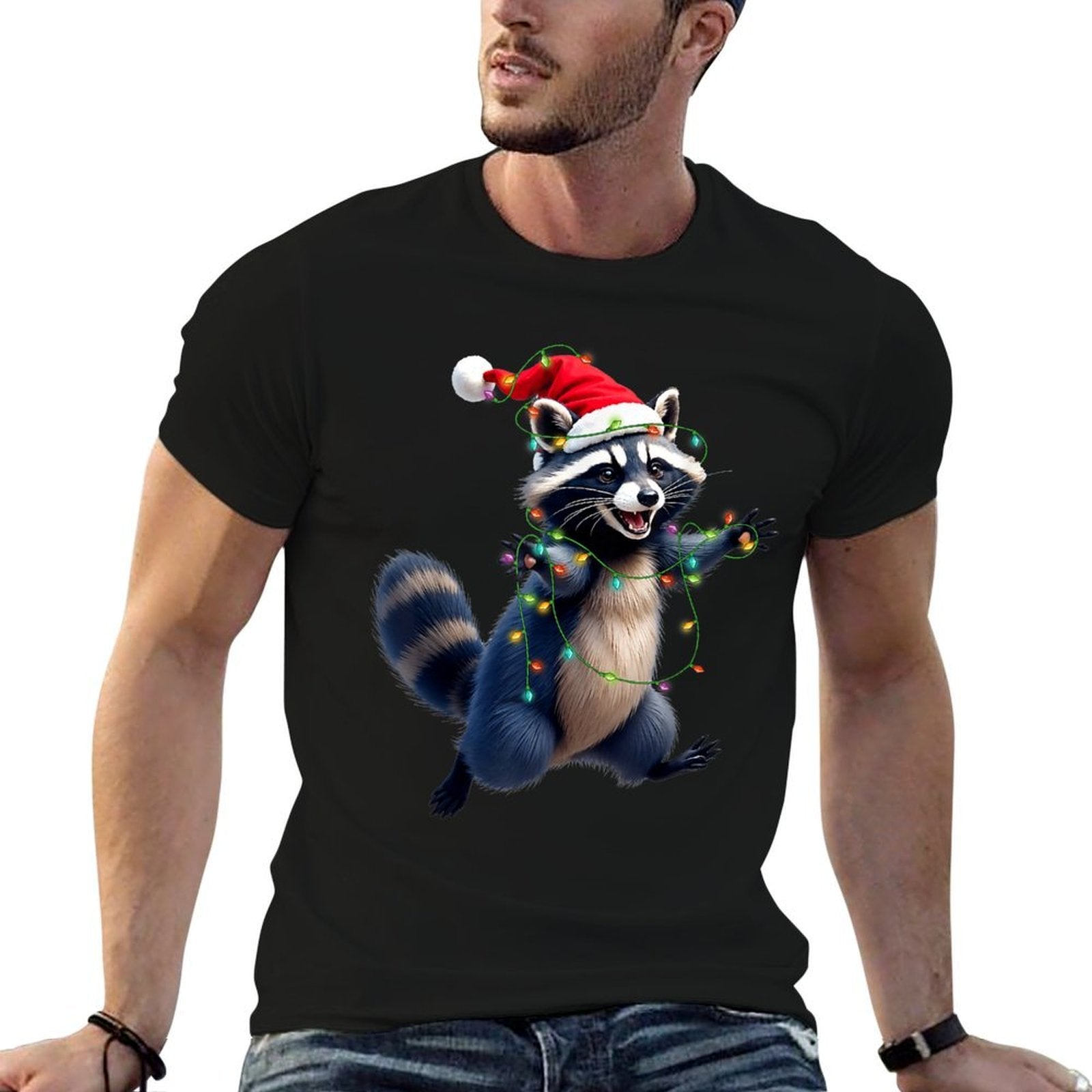 Funny Racoon Santa Hat Christmas Tree Lights Xmas PJS Kids  Graphic-printed T-Shirt