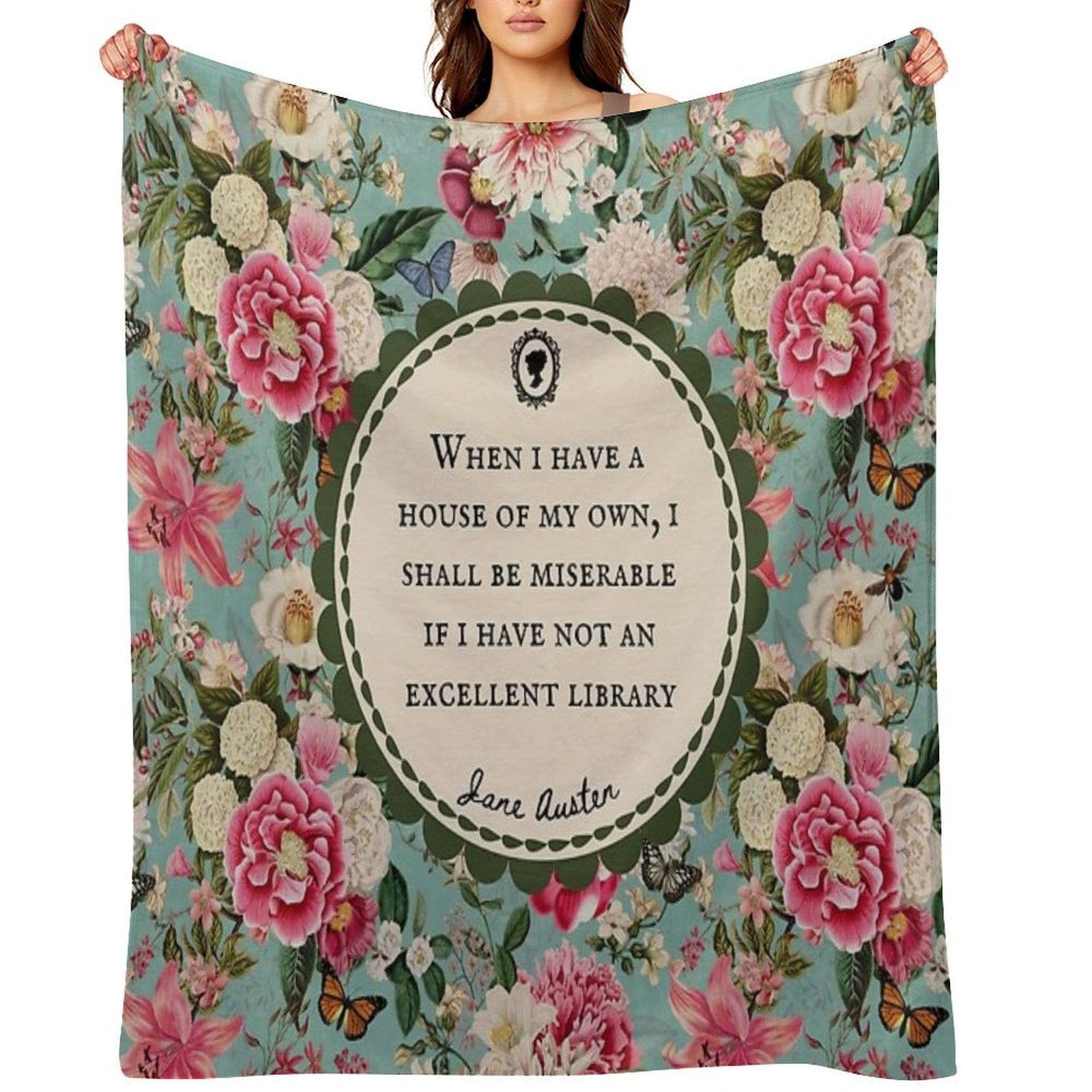 Jane Austen Library Quote, Literary, Bookish, Book Lover, Vintage Floral Flowers Multi-functional Throw Blanket