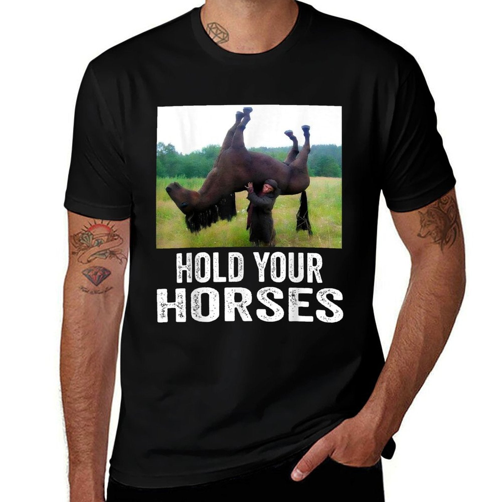 Hold Your Horses Funny Horse Meme for Man Woman  Ribbed Collar T-Shirt