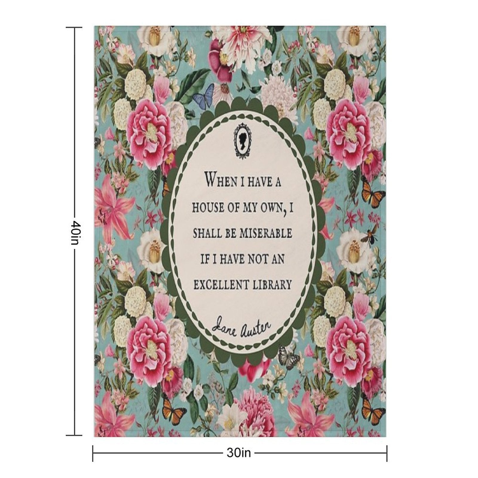 Jane Austen Library Quote, Literary, Bookish, Book Lover, Vintage Floral Flowers Multi-functional Throw Blanket