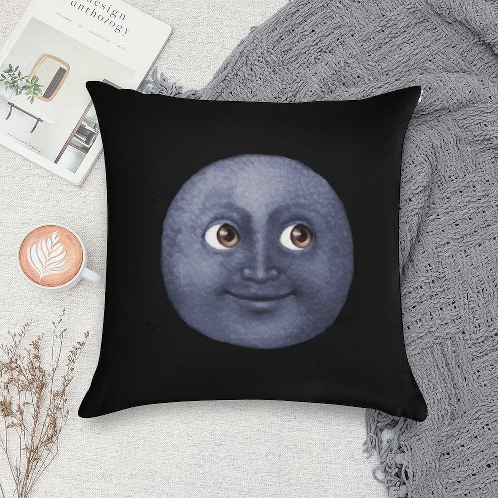 Moon Emoji Soft Short Plush Fabric Throw Pillow