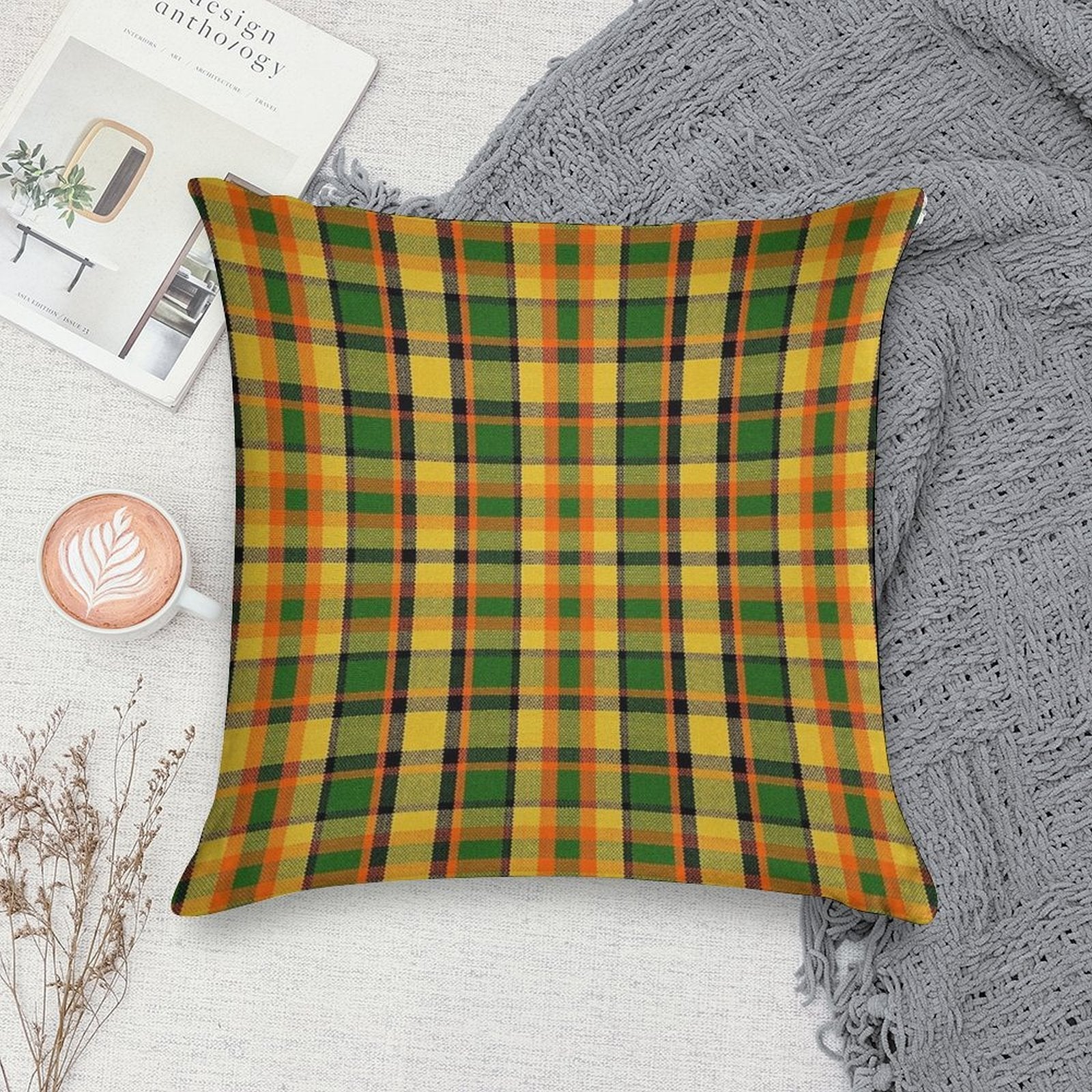 Westy Tartan Yellow Plaid for Bulli Bus Camper Soft Washable Throw Pillow