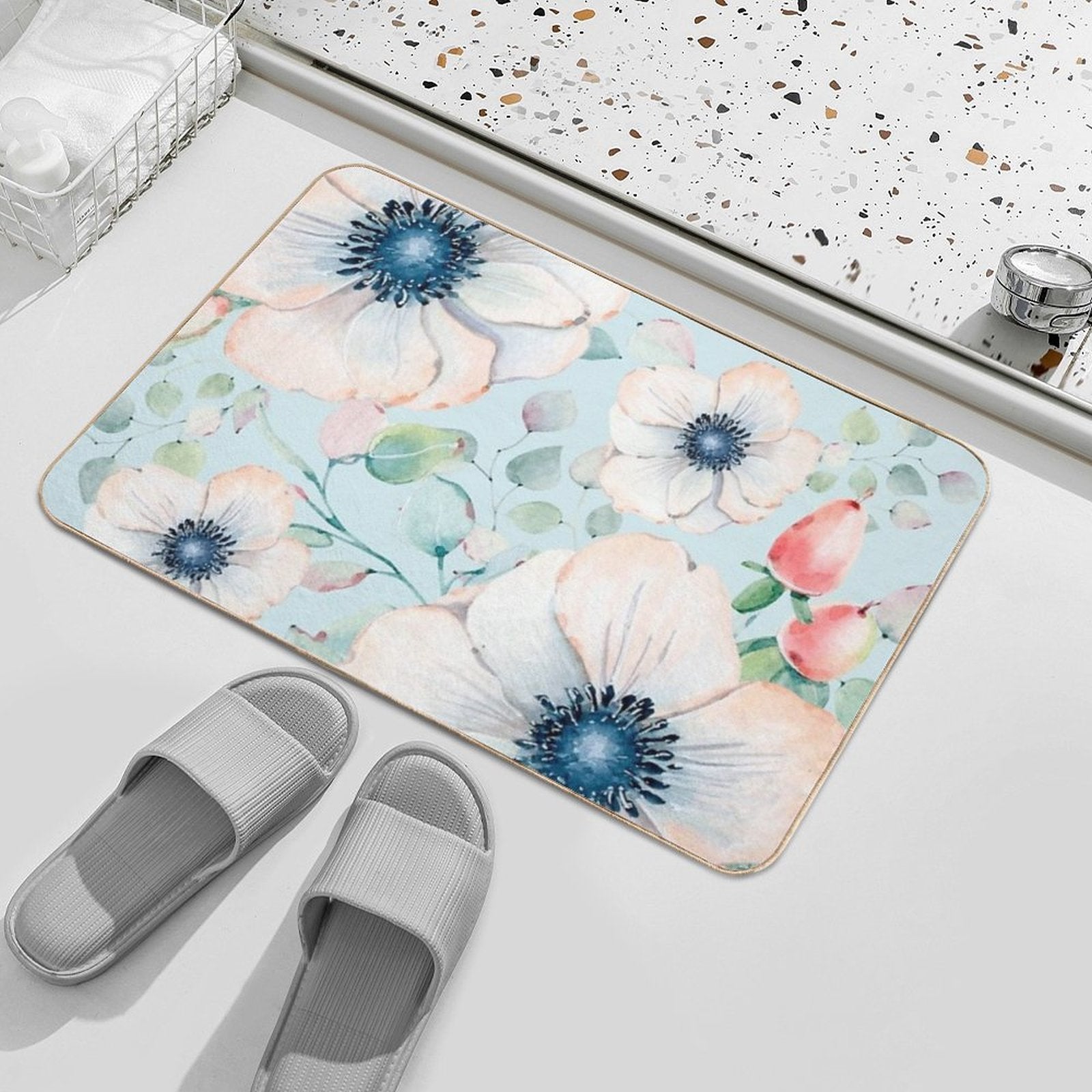 Summer Flowers Light Blue  Rapid-Drying Bath Mat