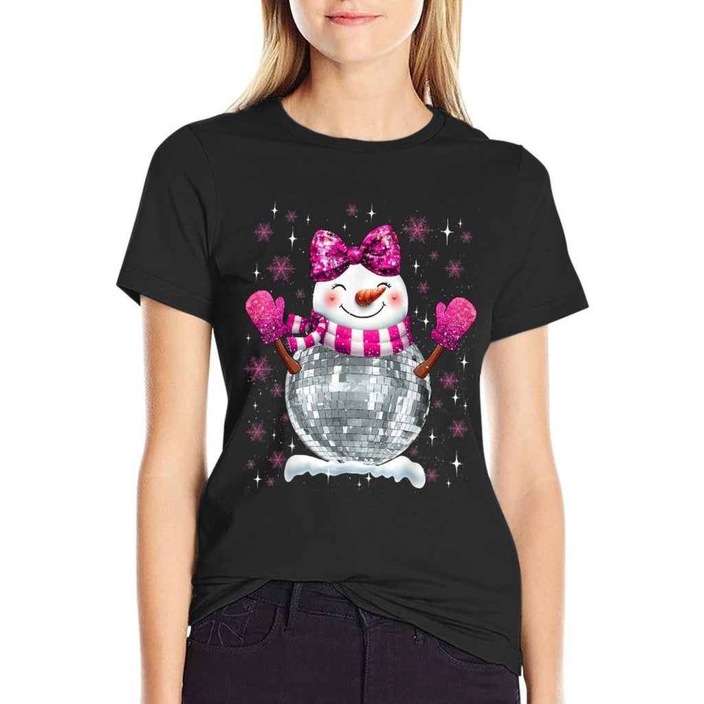 Cute Snowman Disco Ball Christmas Coquette Bow Women Girls  Eco-friendly Material T-Shirt