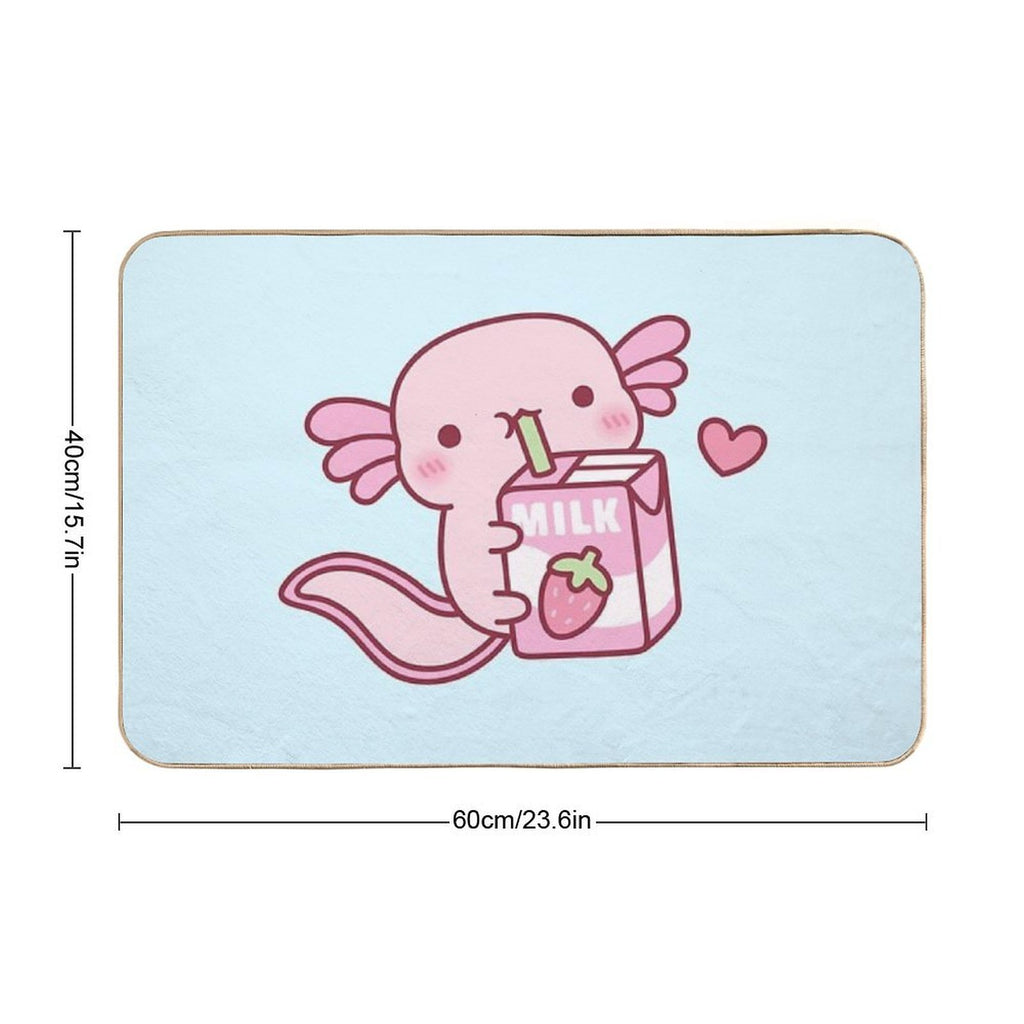 Cute Pink Axolotl Loves Strawberry Milk  Toxin-Free Bath Mat