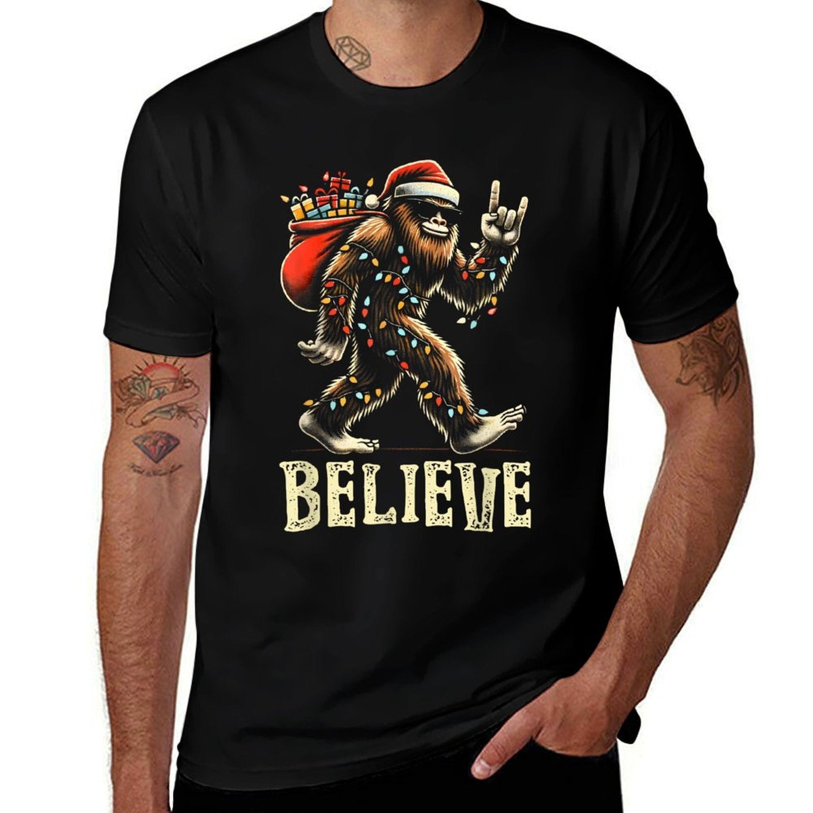 Believe Bigfoot Sasquatch Santa Reindeer Christmas Tree Xmas  Graphic-printed T-Shirt