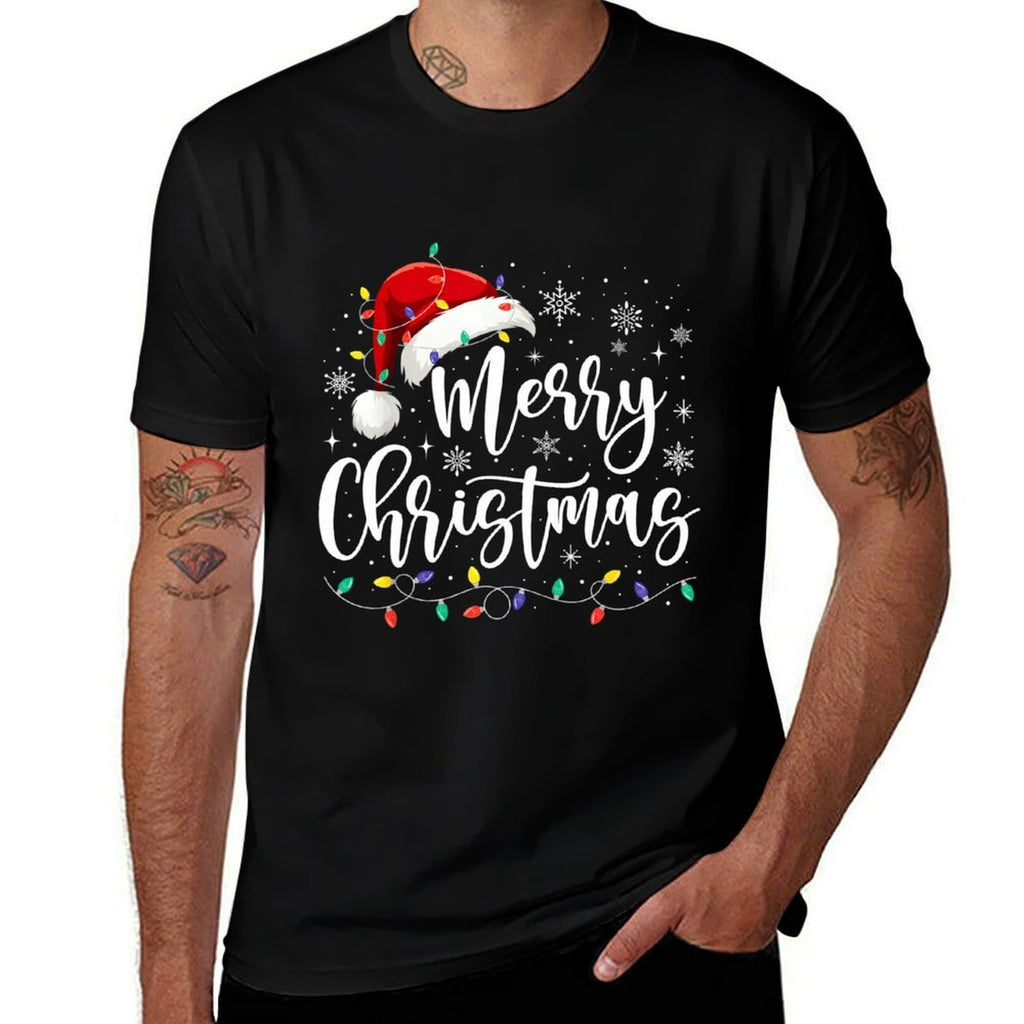 Merry Christmas Lights Red Santa Hat Xmas Family Men Women  Quick-drying T-Shirt