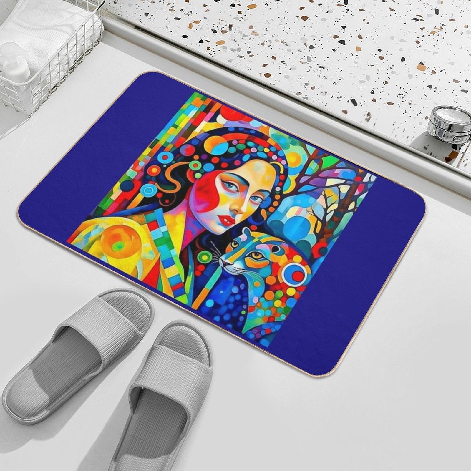 A Woman And A Leopard.  Fade-Resistant Bath Mat